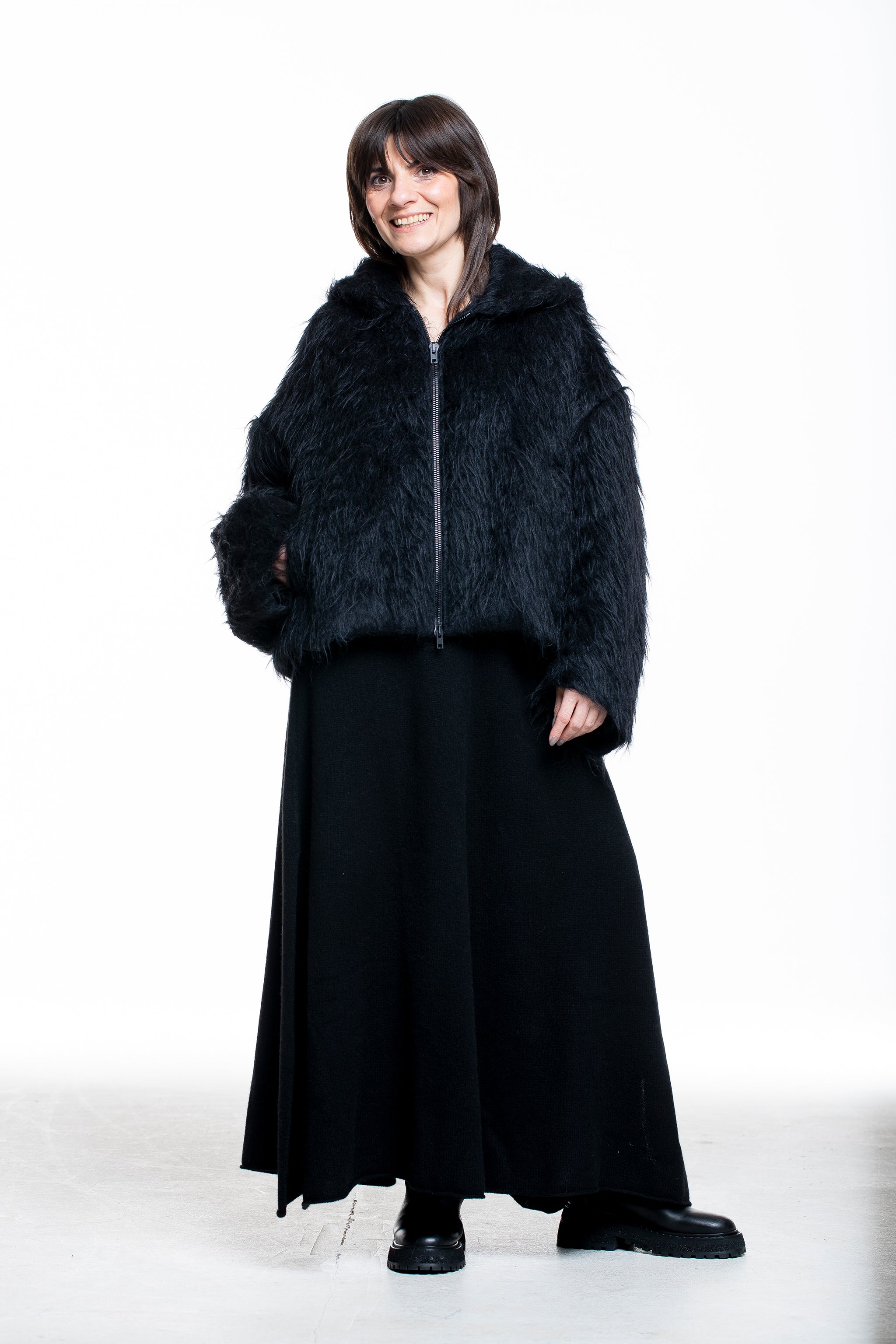 Isabel Benenato Damen Mohair-Alpaka Jacke mit Kapuze schwarz