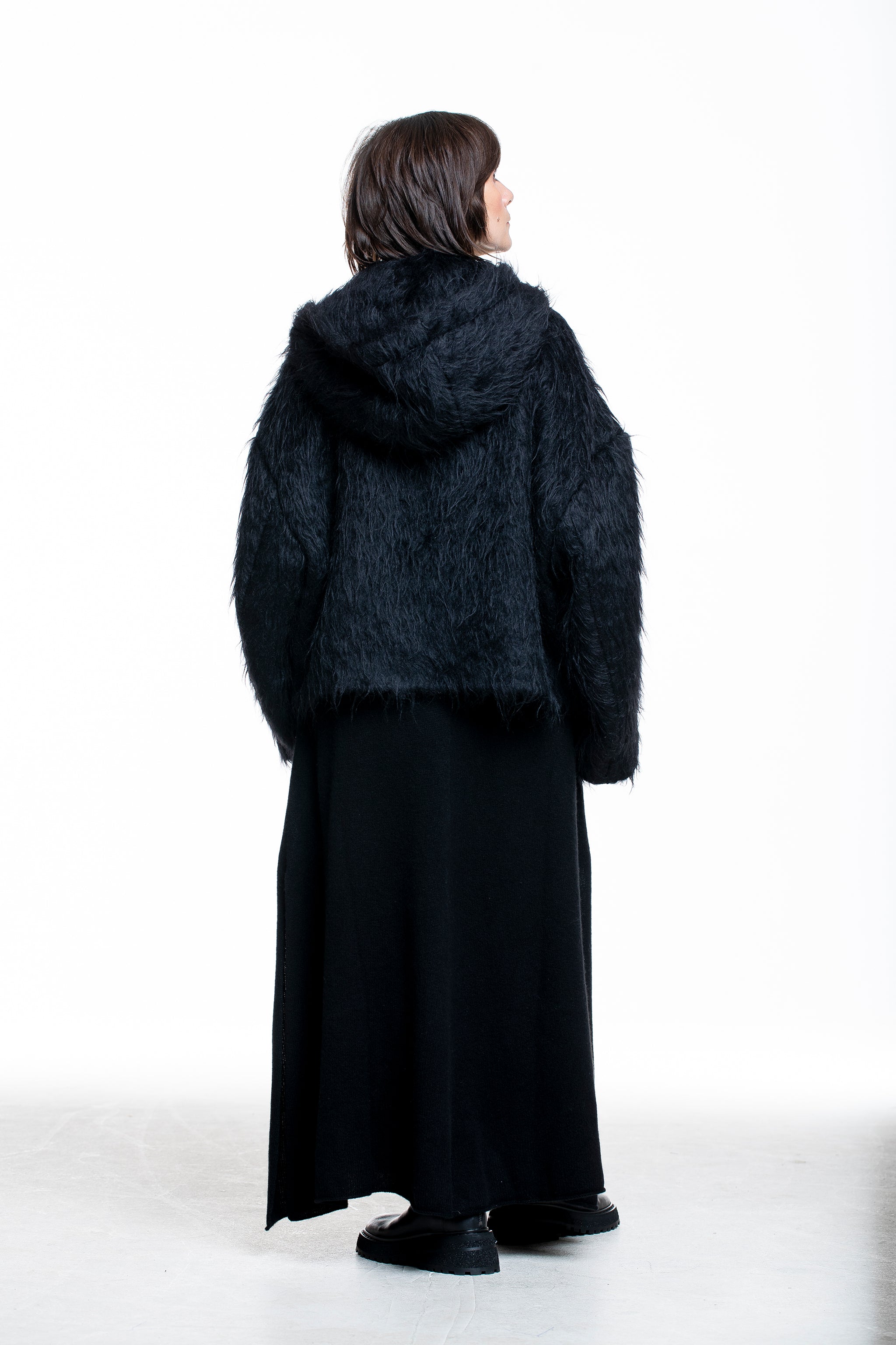 Isabel Benenato Damen Mohair-Alpaka Jacke mit Kapuze schwarz - Rückansicht