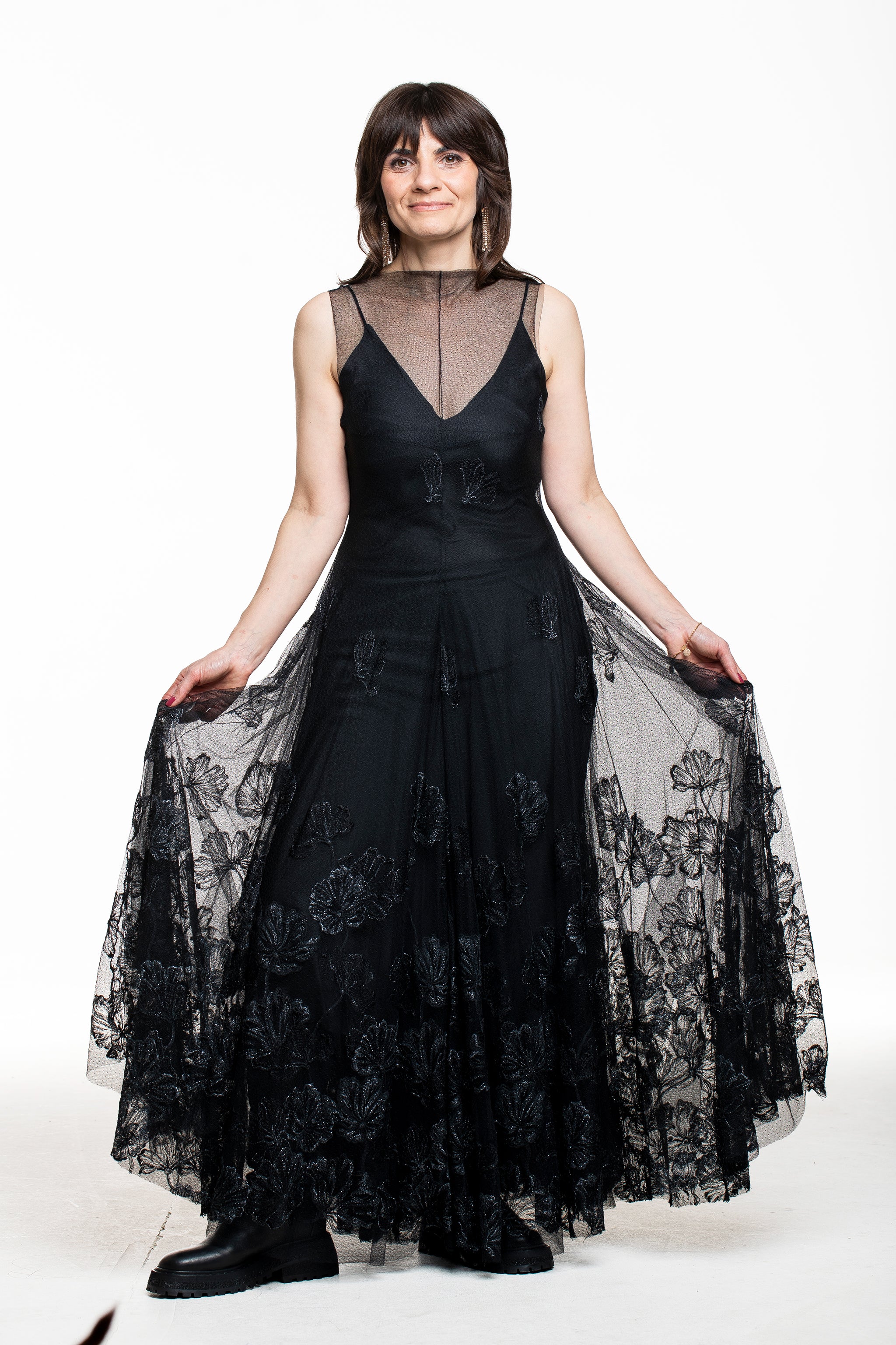 Marc Le Bihan Damen Seiden-Kleid mit Tüll und Spitze schwarz