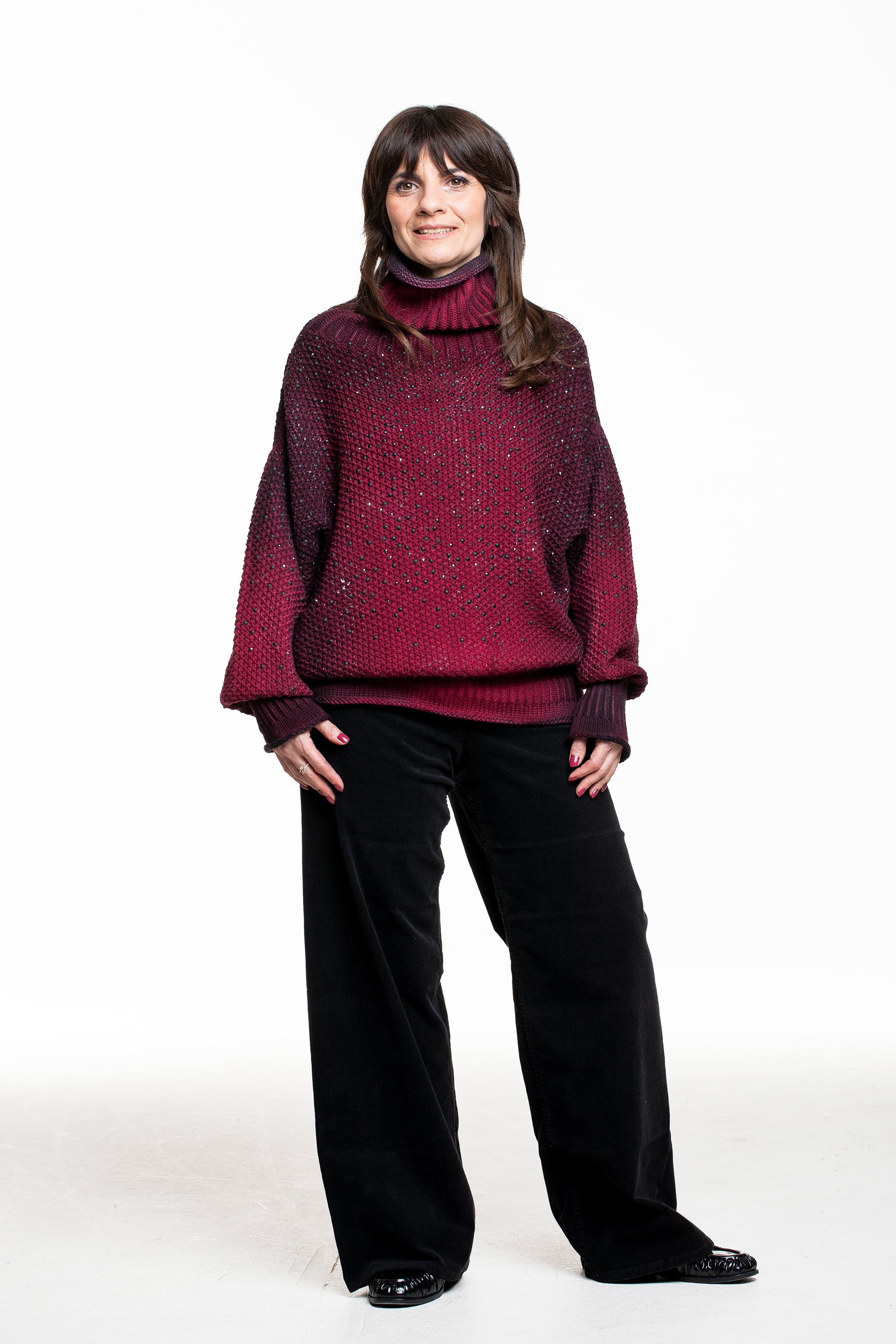 Avant Toi Damen Knit Pullover weinrot mit Strassapplikationen – Vorderansicht