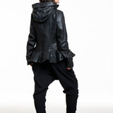 Rundholz Damen Lederjacke mit Kapuze schwarz, Rückenansicht mit Kapuze und Schößchen