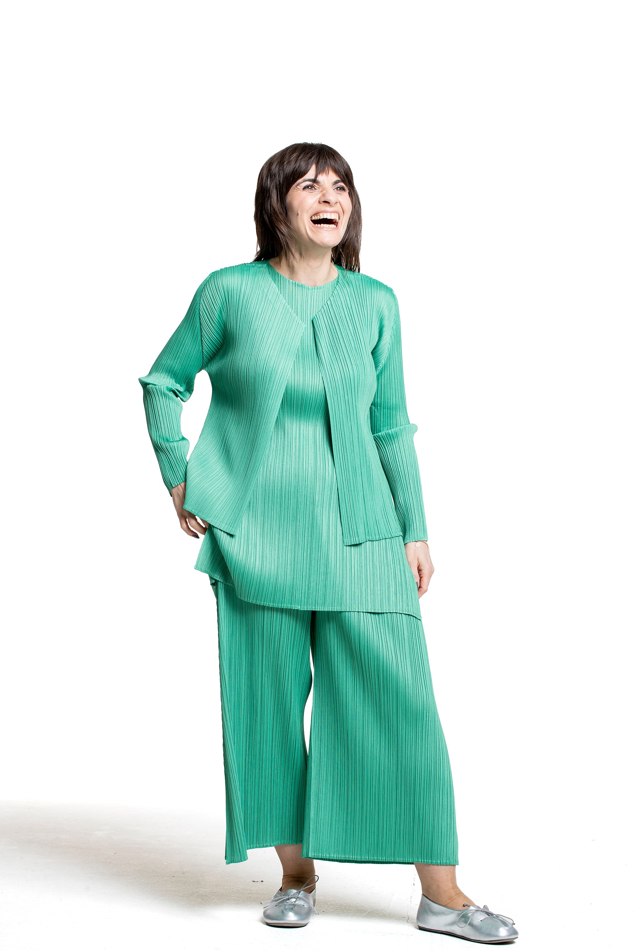 Pleats Please Issey Miyake Damen Plissee Cardigan grün