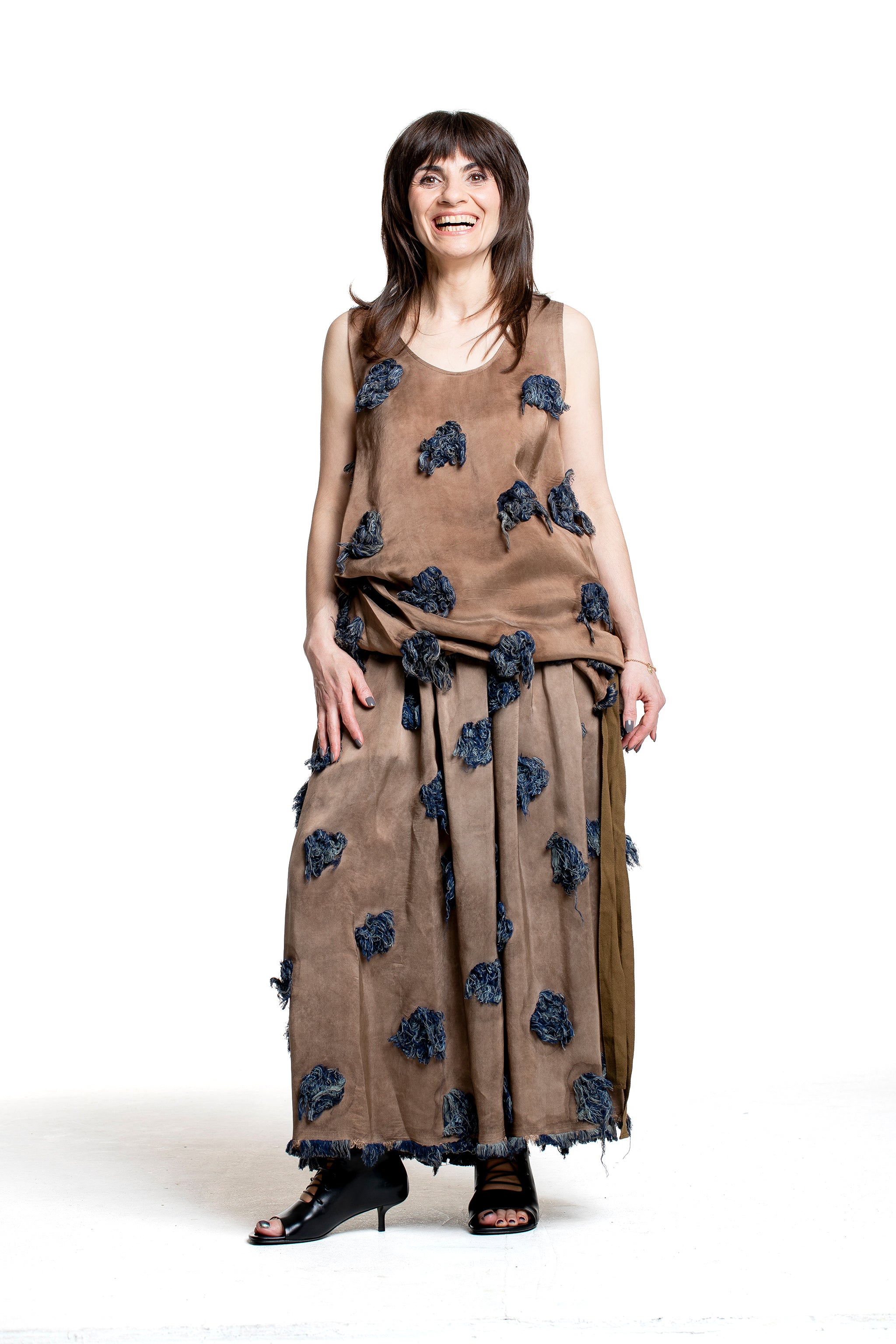 Uma Wang Damen Tara Top beige mit floralem Strukturmuster Vorderansicht