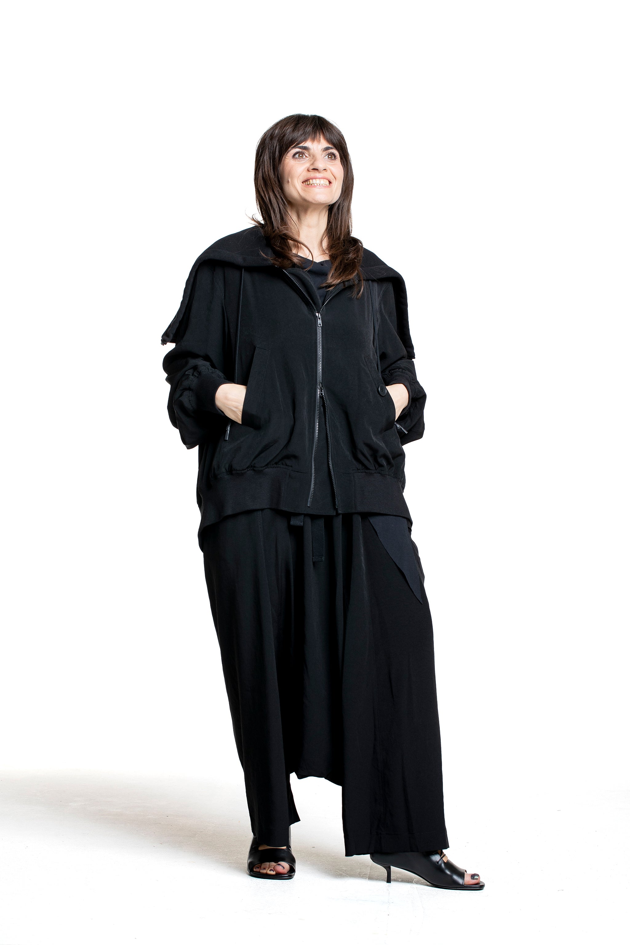 Yohji Yamamoto Damen Bomberjacke mit wandelbarer Kapuze schwarz