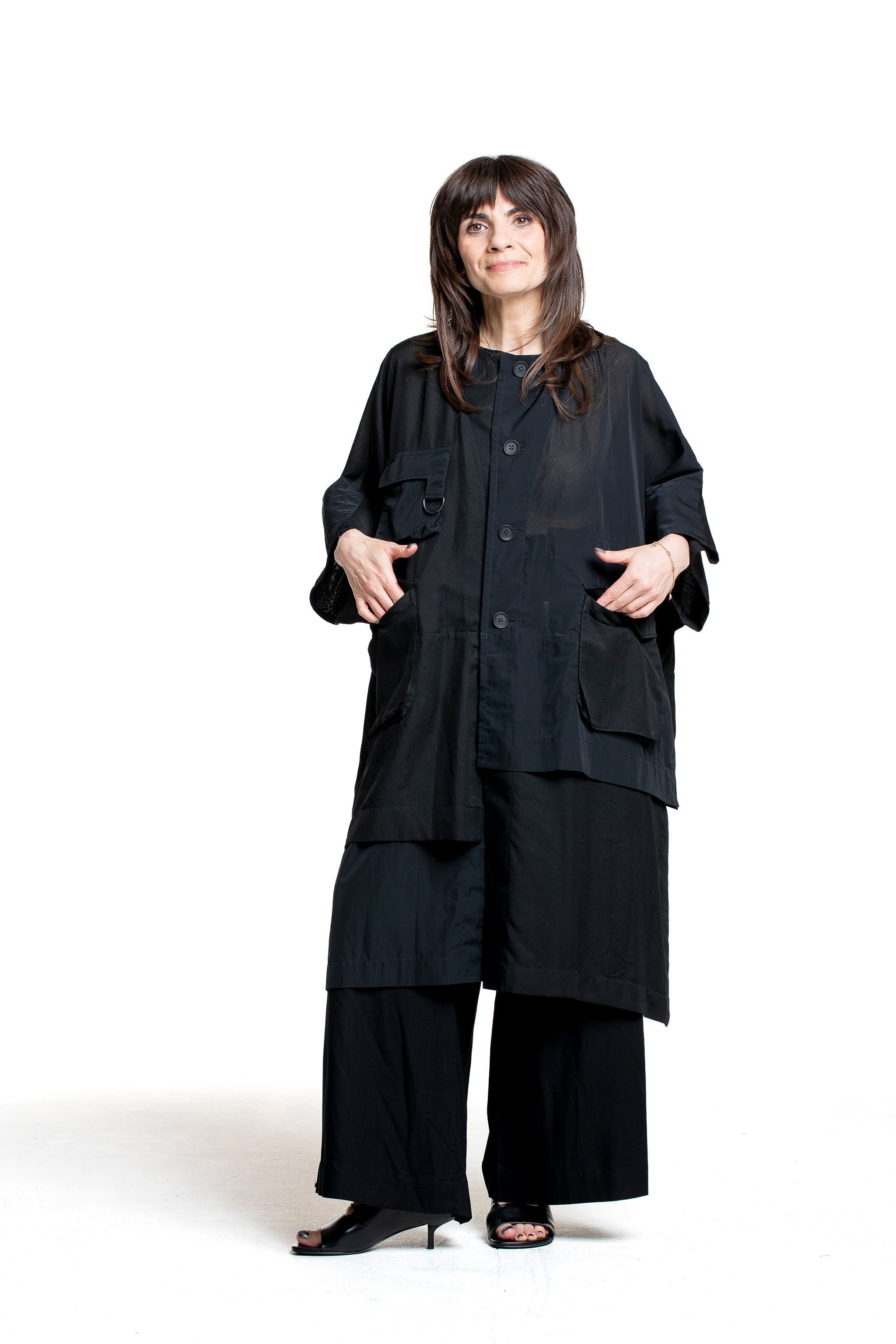 Yohji Yamamoto Damen Mantel mit Außentaschen schwarz Vorderansicht