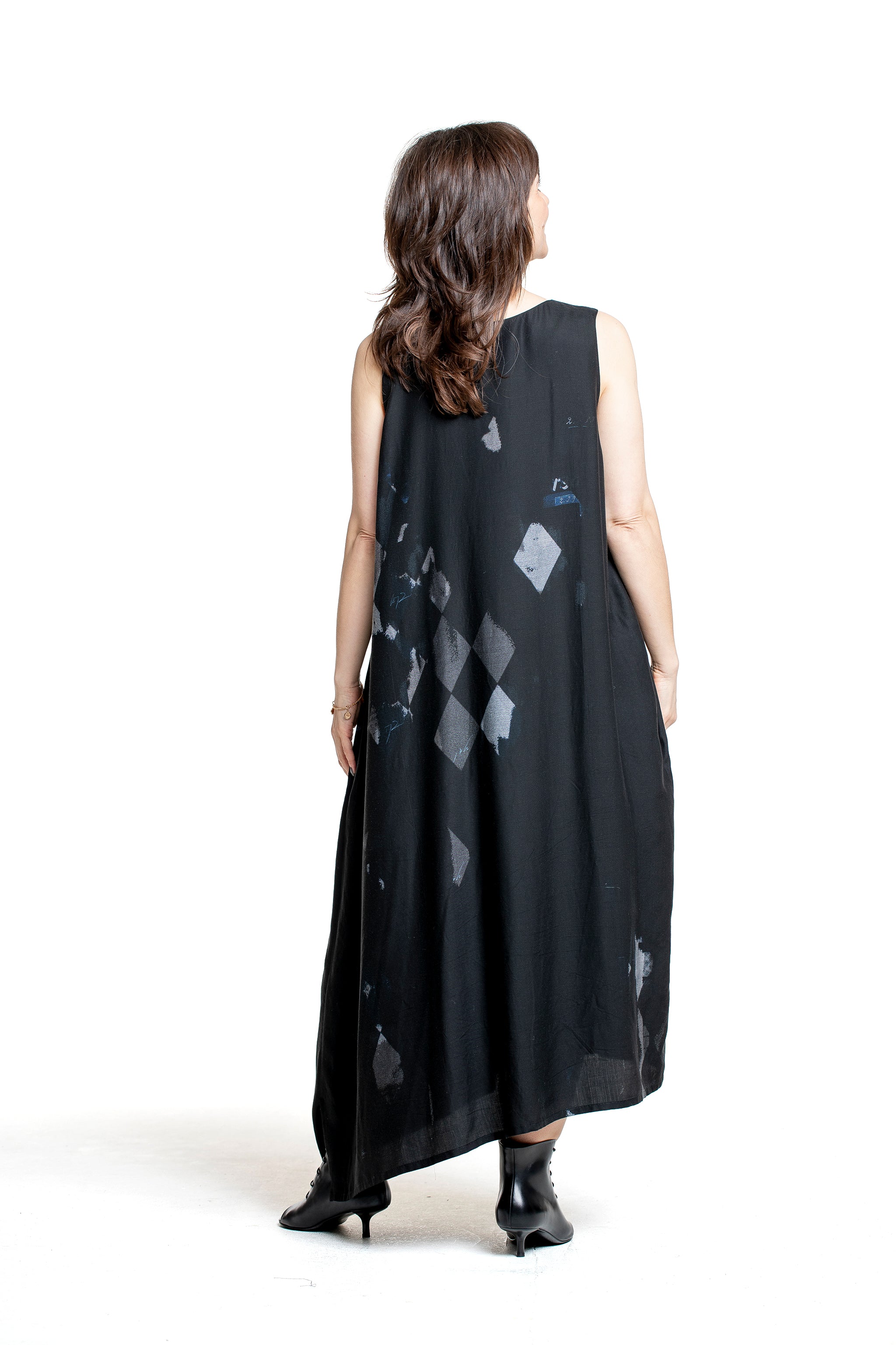 Y’s Yohji Yamamoto Damen Kleid mit Diamantprint schwarz-blau Rückansich