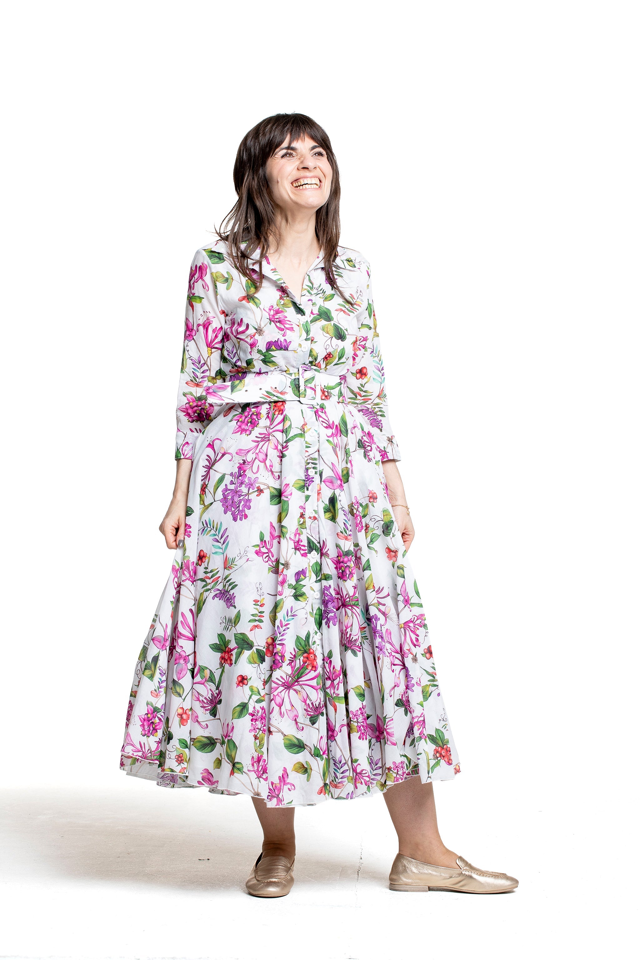 Samantha Sung Damen Aster Hemdblusenkleid Gallerie Summer Bouquet weiß-multi – Frontansicht
