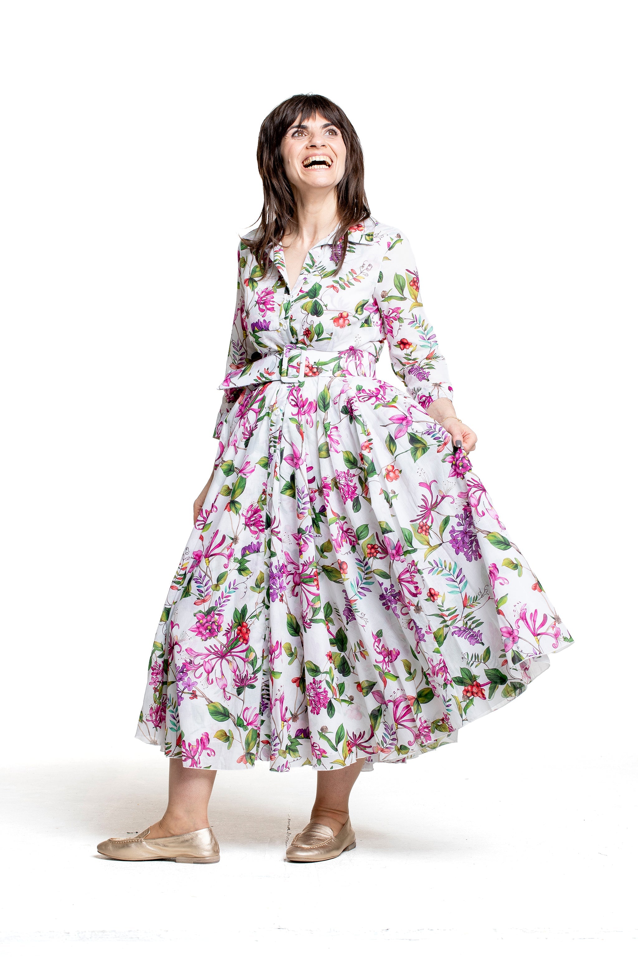 Samantha Sung Damen Aster Hemdblusenkleid Gallerie Summer Bouquet weiß-multi – Bewegungsansicht