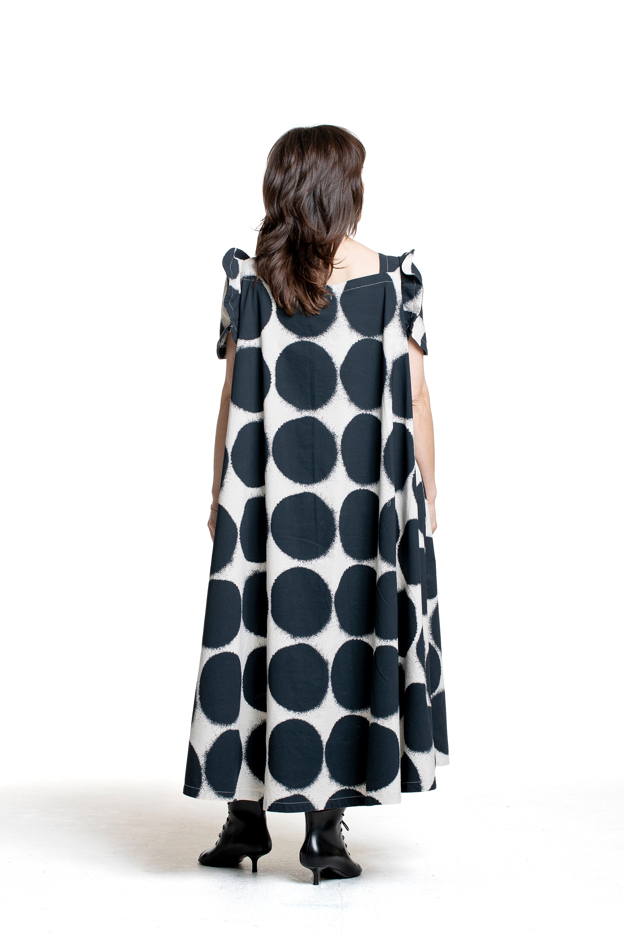 Rundholz Damen Midikleid Punkte Print schwarz-weiß Rückansicht