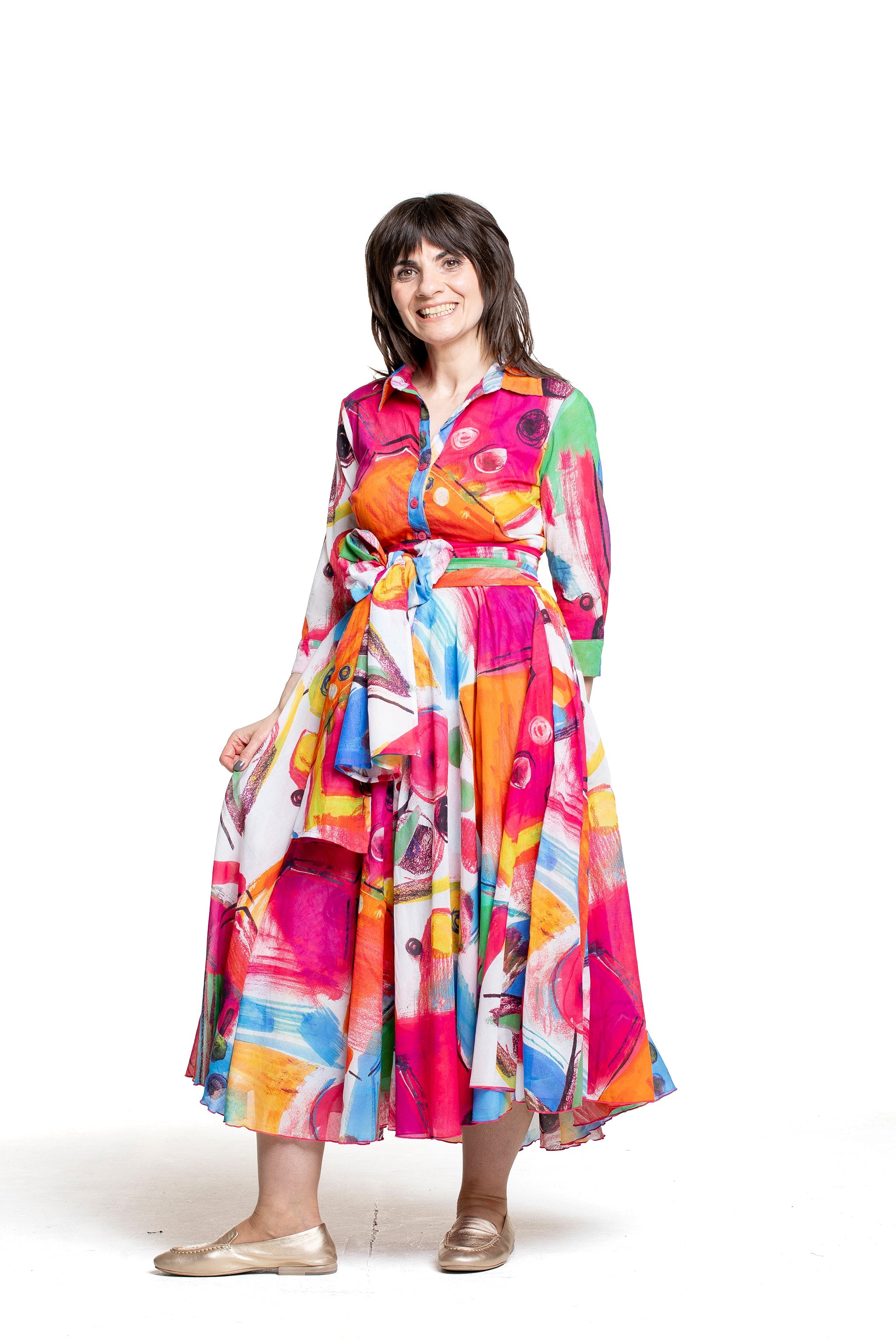 Samantha Sung Damen Aster Hemdblusenkleid Bestenia Painting weiß-pink – Schrägansicht