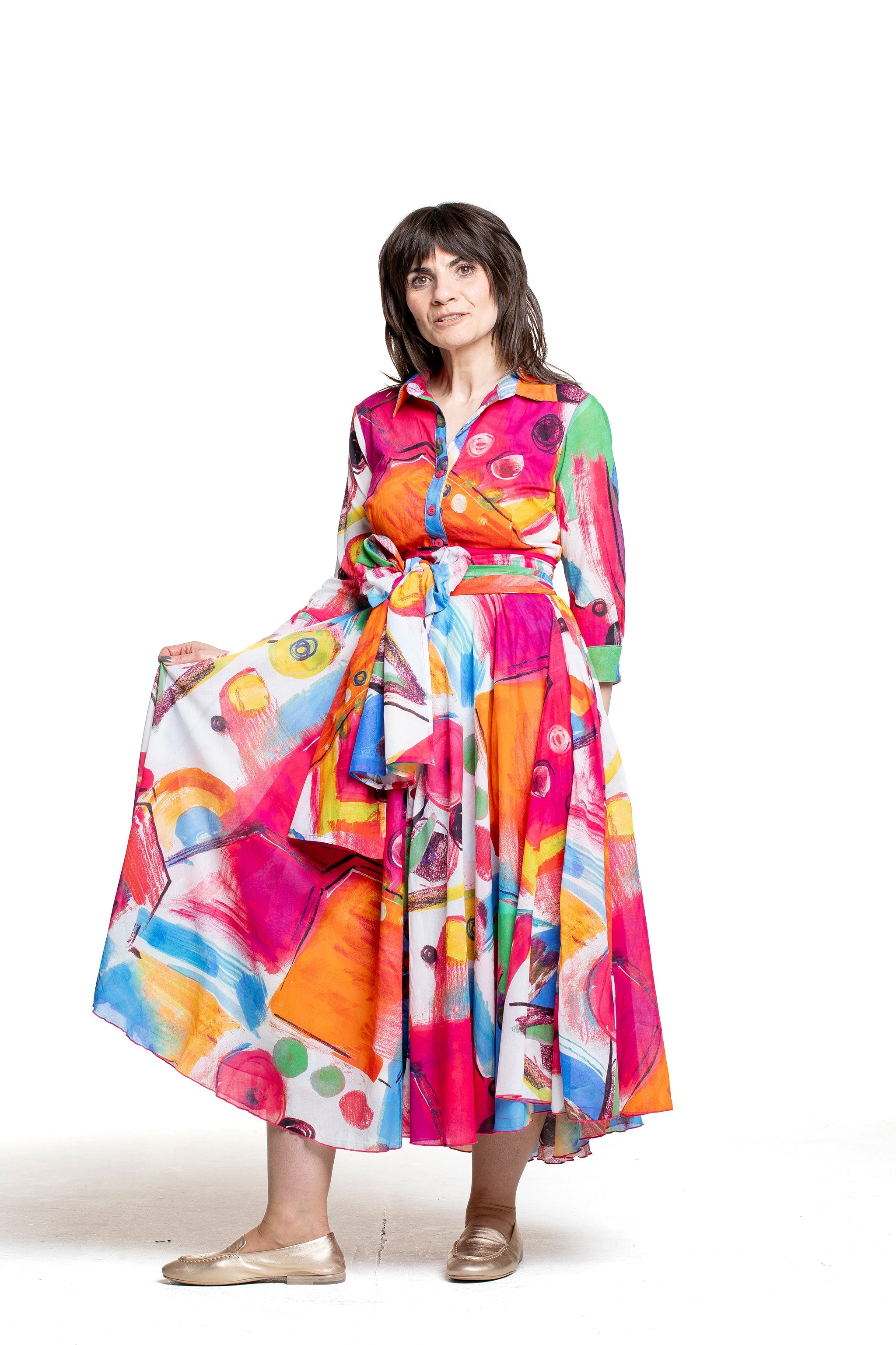 Samantha Sung Damen Aster Hemdblusenkleid Bestenia Painting weiß-pink – Detailansicht Rock