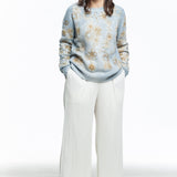 F Cashmere Damen Oversized Pullover Bruco 1 mit Blumen Stickerei hellblau