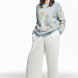 F Cashmere Damen Oversized Pullover Bruco 1 mit Blumen Stickerei hellblau