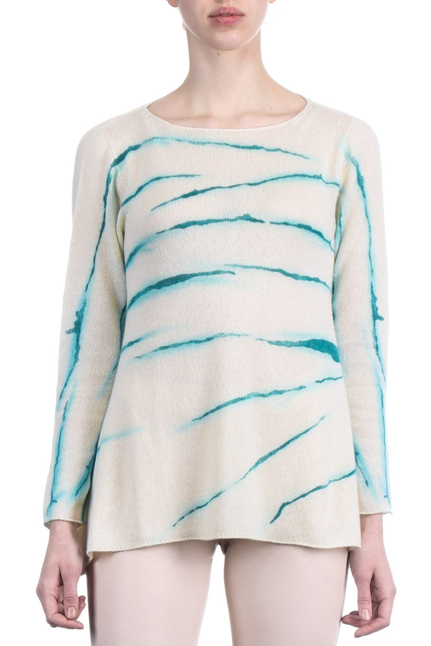 F Cashmere Damen Kaschmir A-Linie Pullover Bruco 12 weiß türkis