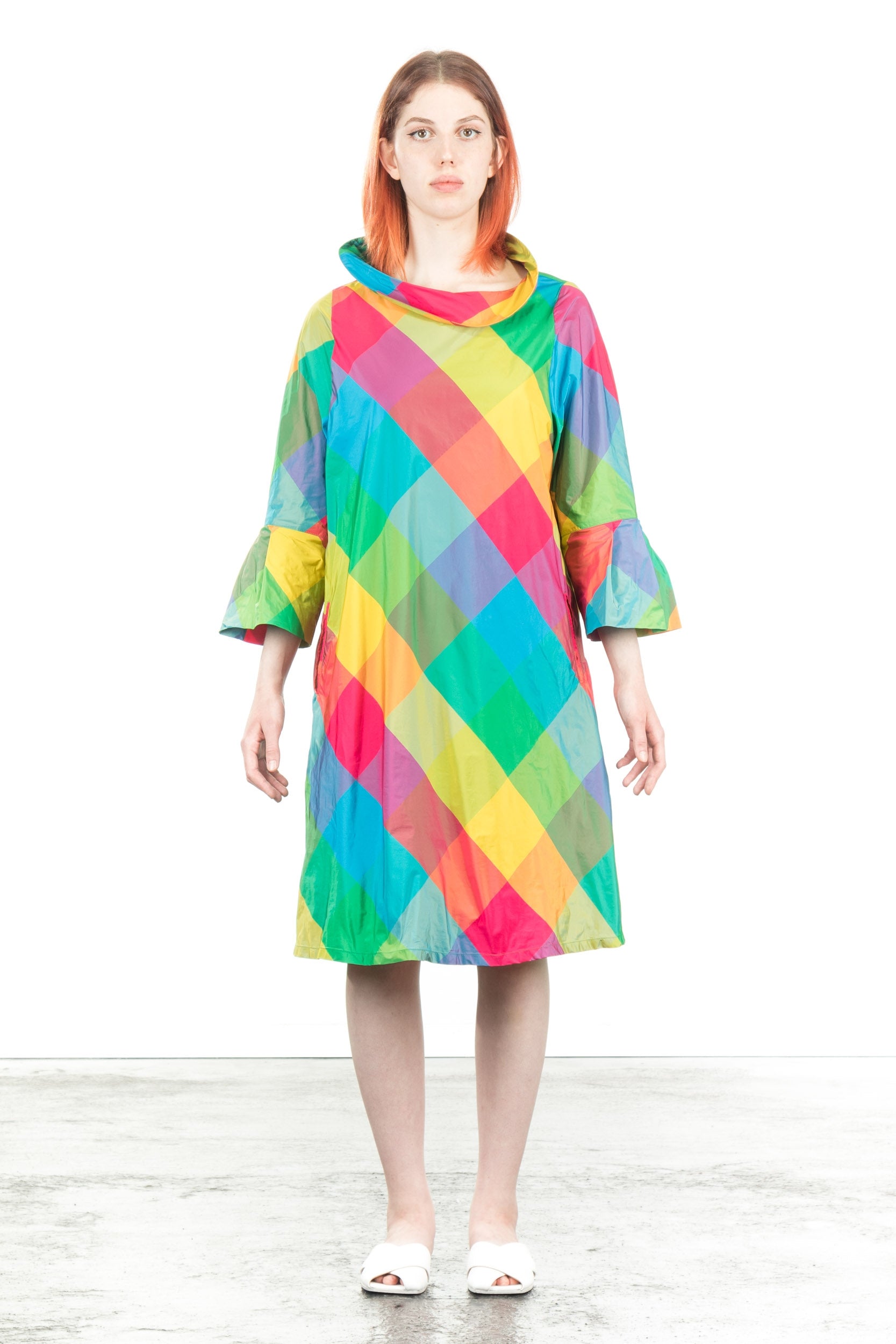 Katharina Hovman Damen Taft Kleid A-Linie ausgestellter Kragen colour check
