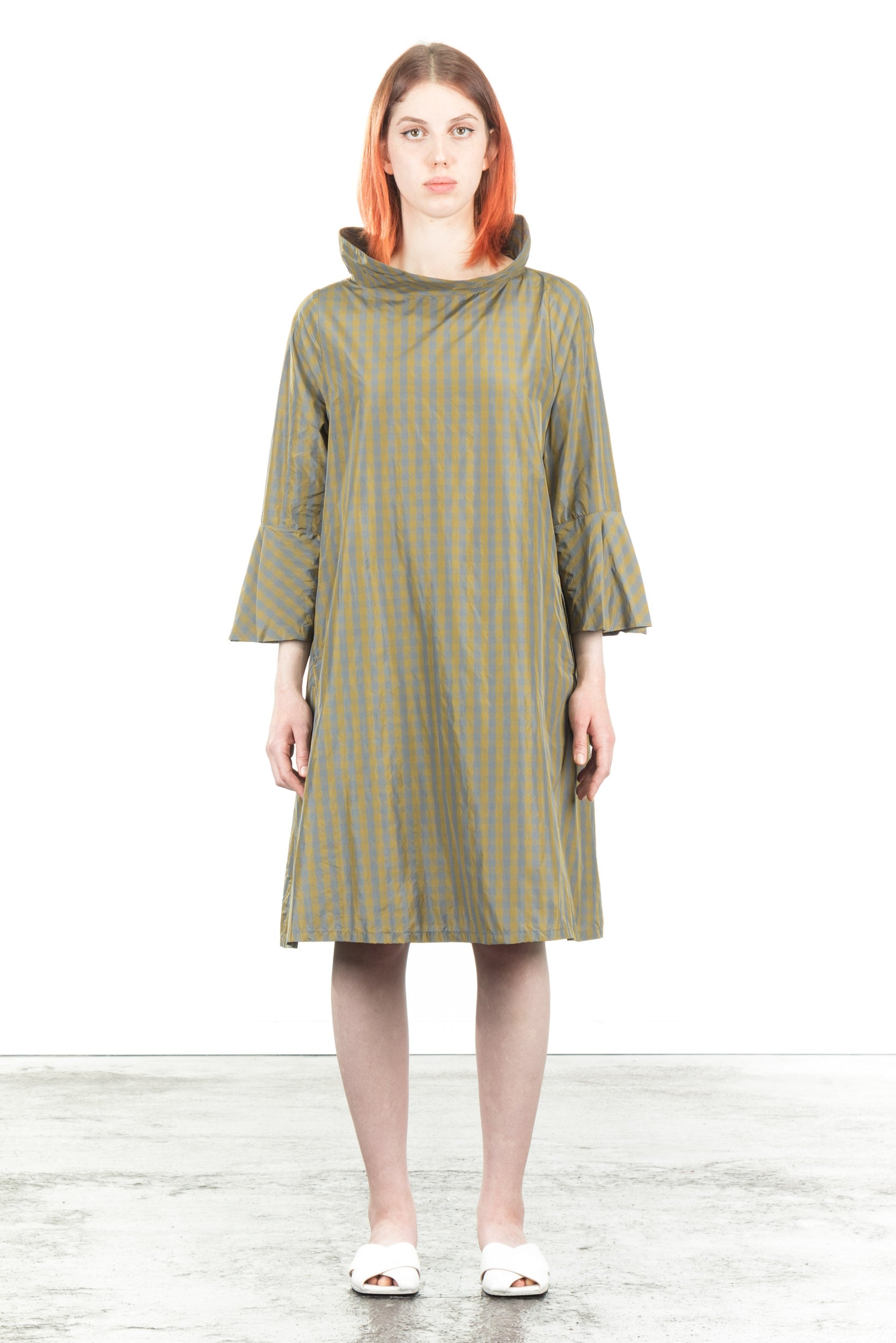 Katharina Hovman Damen Taft Kleid A-Linie ausgestellter Kragen karo olive