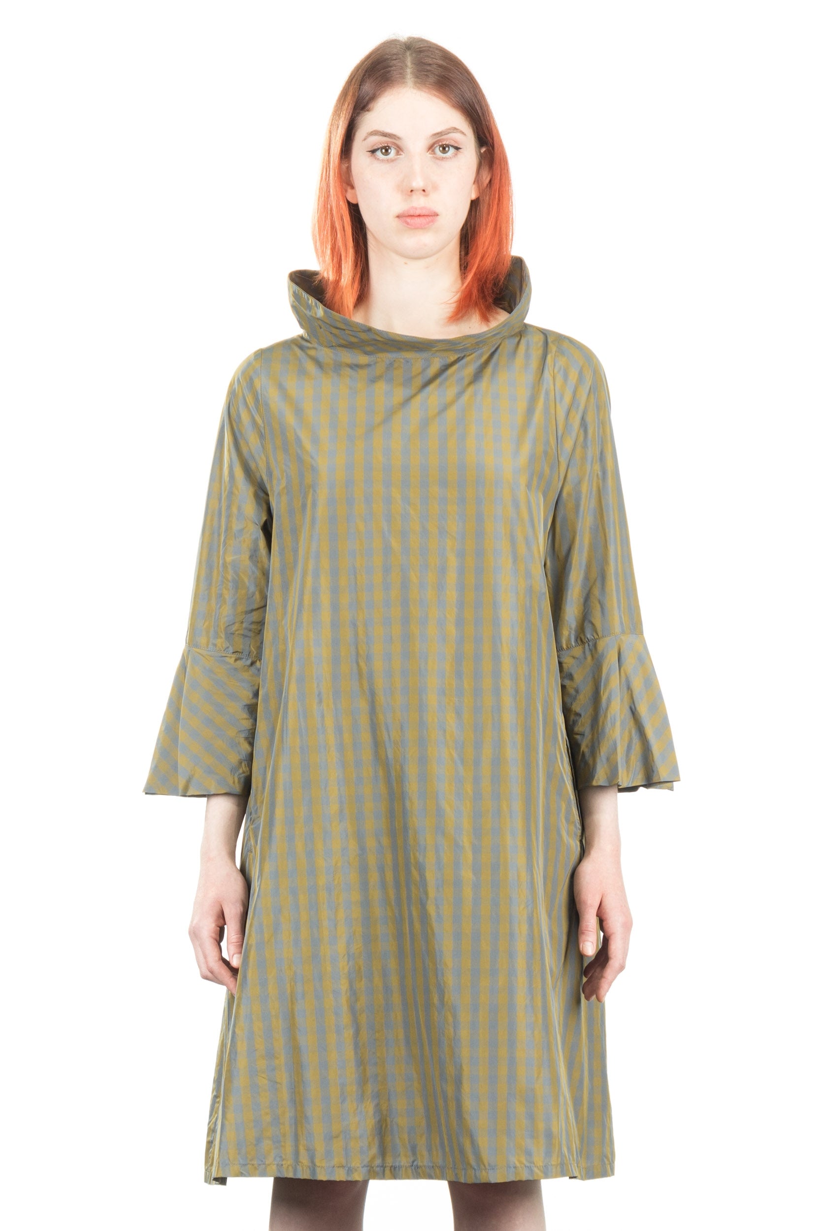 Katharina Hovman Damen Taft Kleid A-Linie ausgestellter Kragen karo olive
