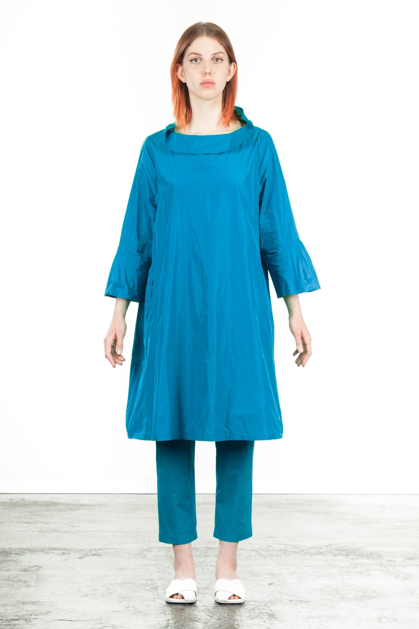 Katharina Hovman Damen Taft Kleid A-Linie ausgestellter Kragen türkis