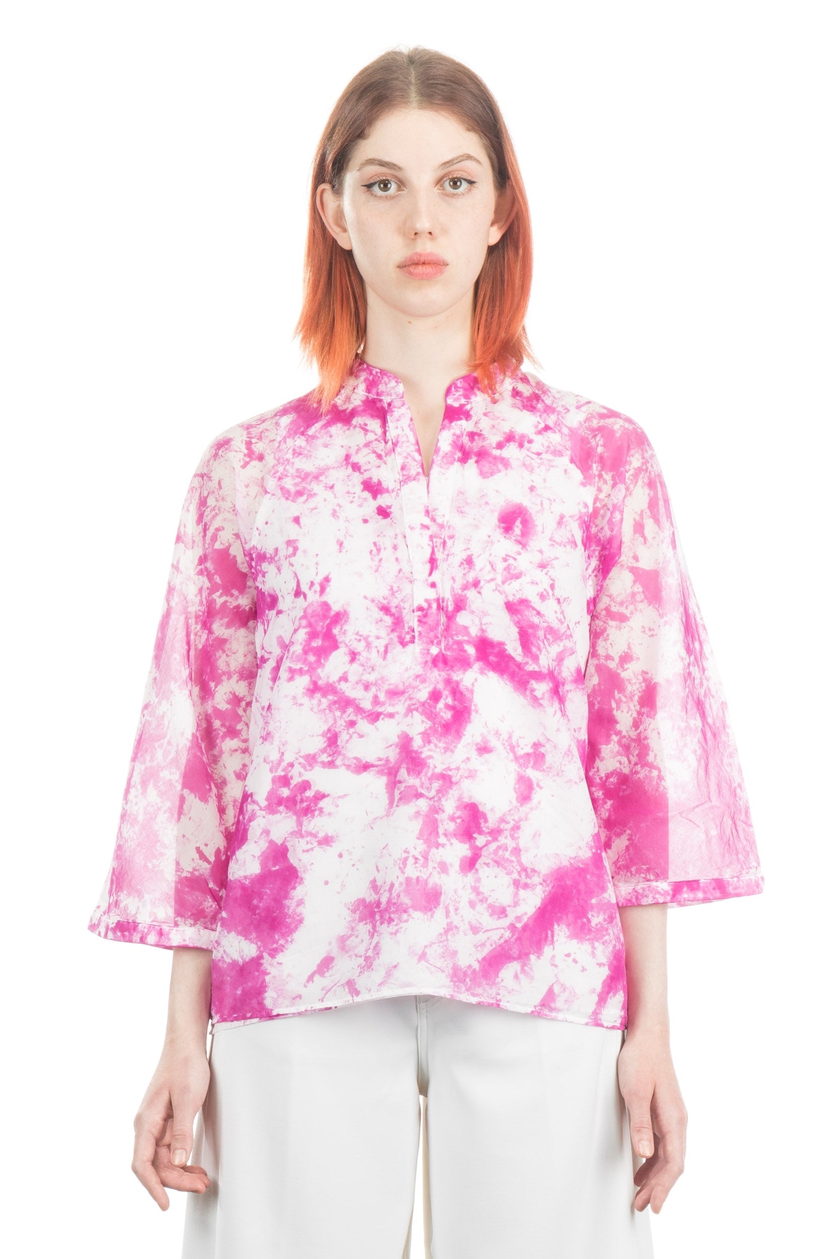 Avant Toi Damen Bluse mit Batikmuster weiß-pink
