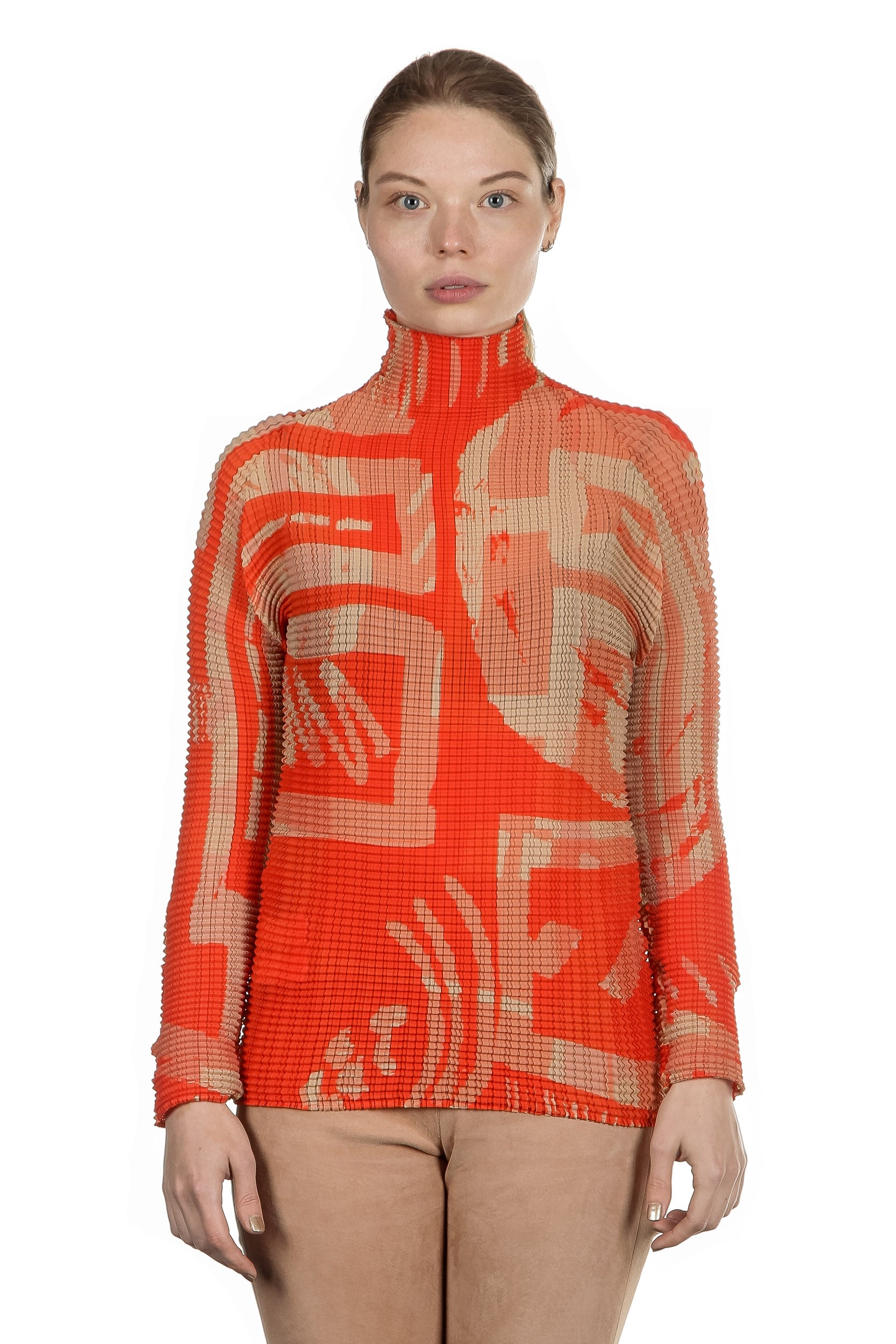 Issey Miyake Plissé Damen Avantgarde Longsleeve beige orange
