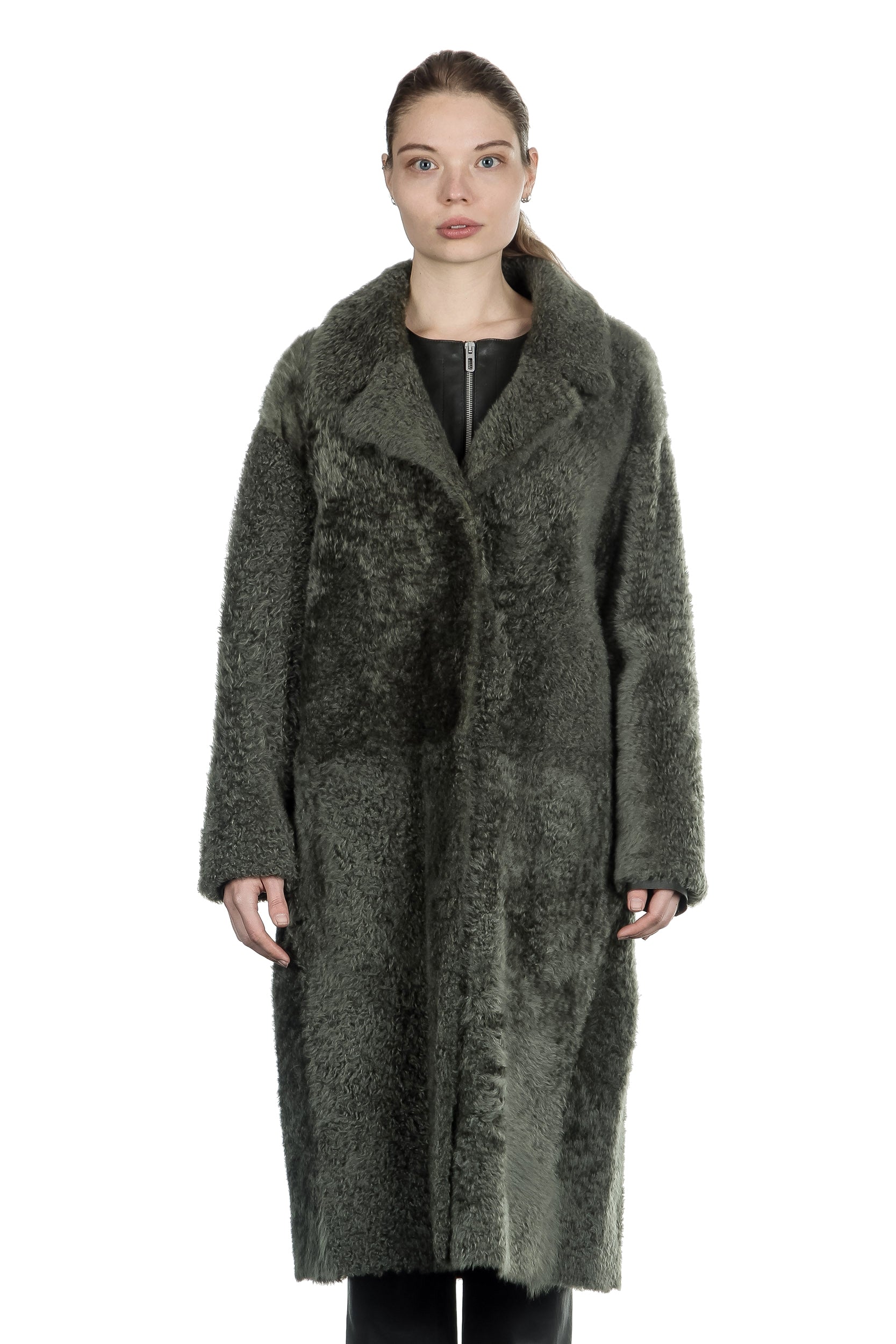 DROMe Damen Lammfell Wende Mantel khaki