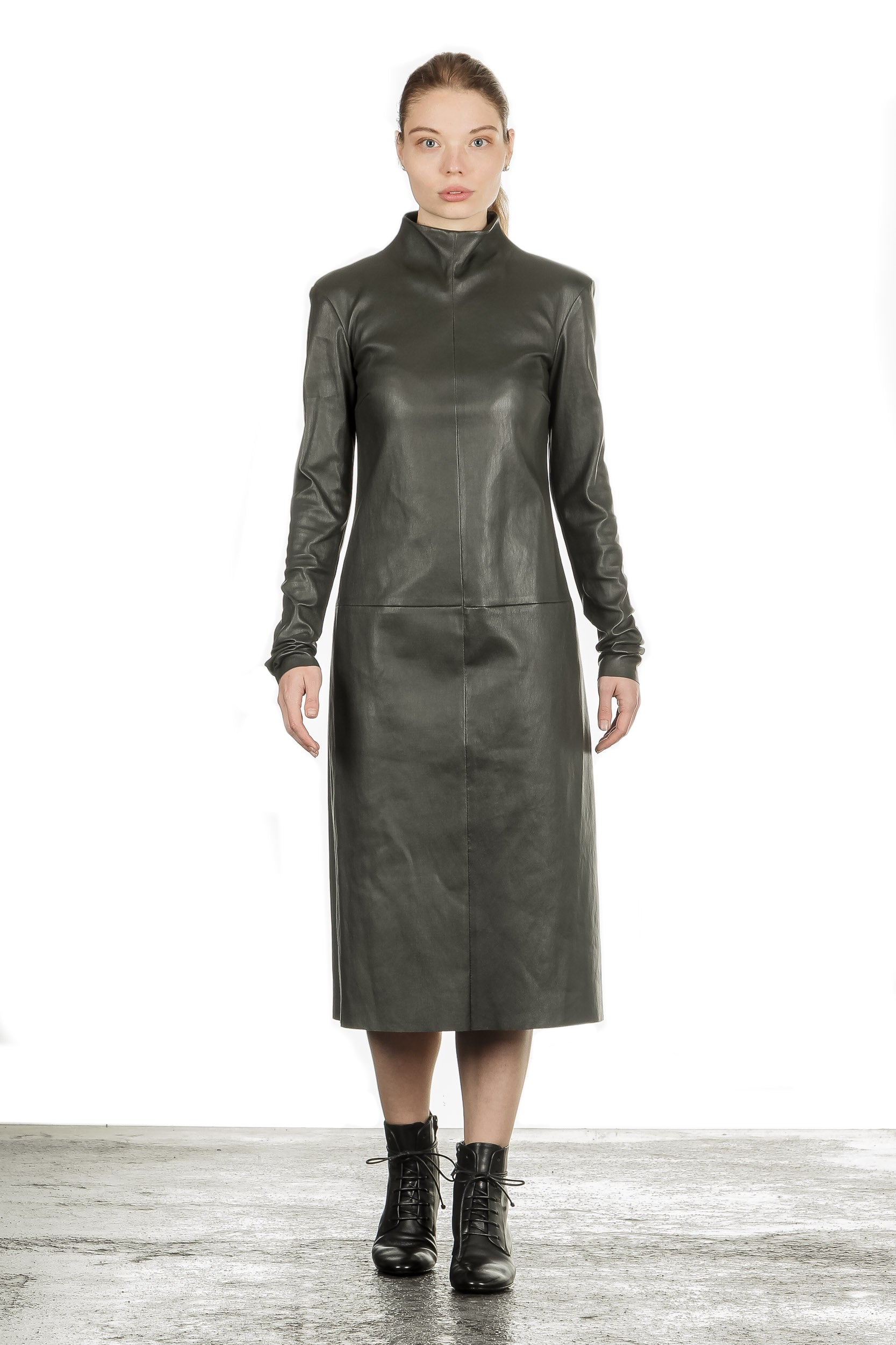 DROMe Damen Leder Kleid Stehkragen khaki