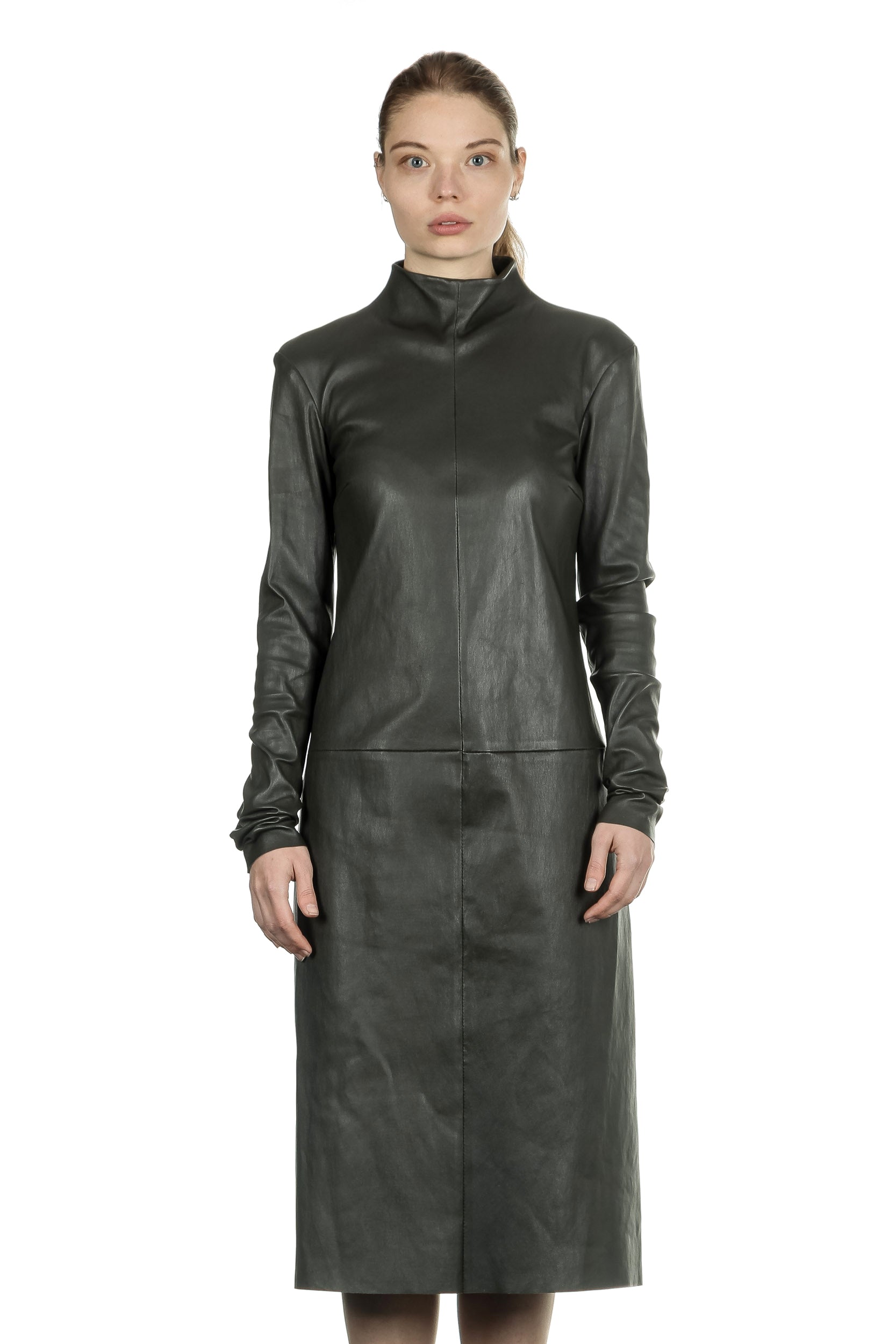 DROMe Damen Leder Kleid Stehkragen khaki