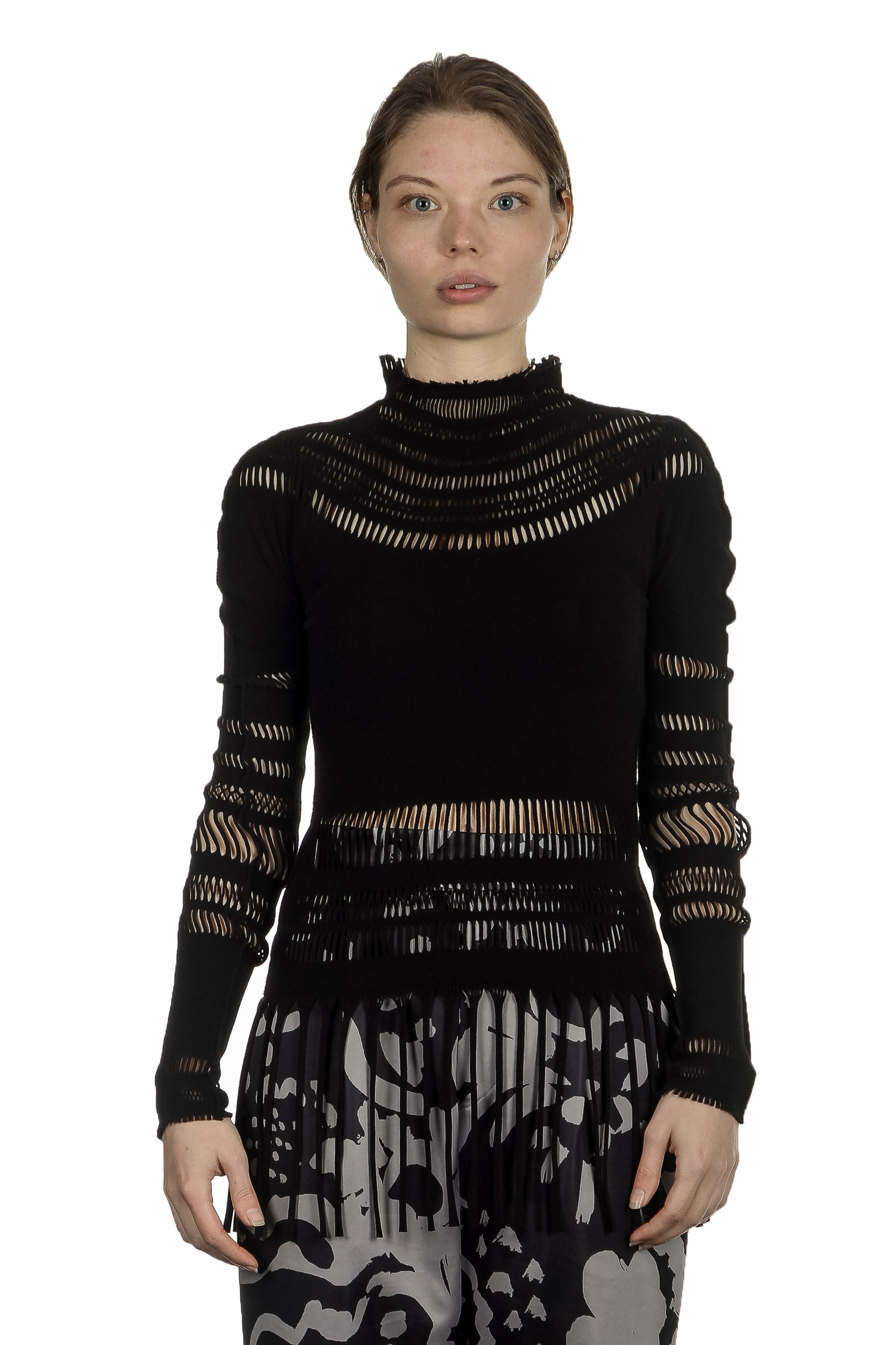 Issey Miyake Damen Rollkragen Shirt mit Fransen schwarz