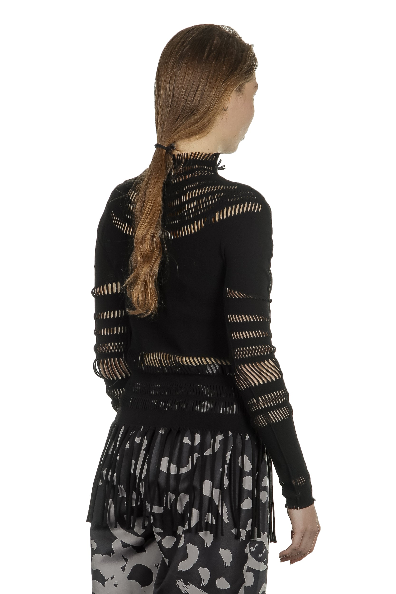 Issey Miyake Damen Rollkragen Shirt mit Fransen schwarz
