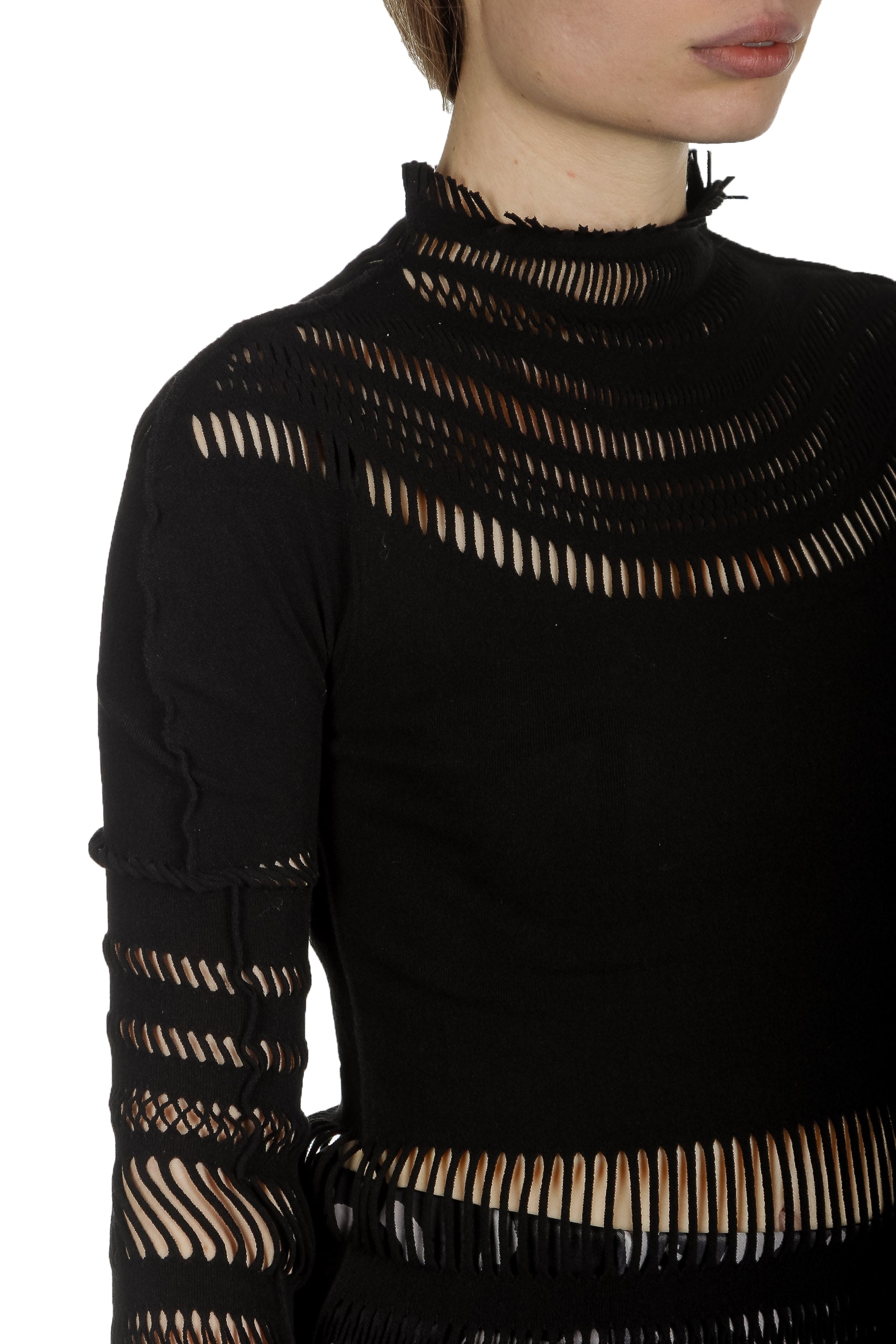 Issey Miyake Damen Rollkragen Shirt mit Fransen schwarz