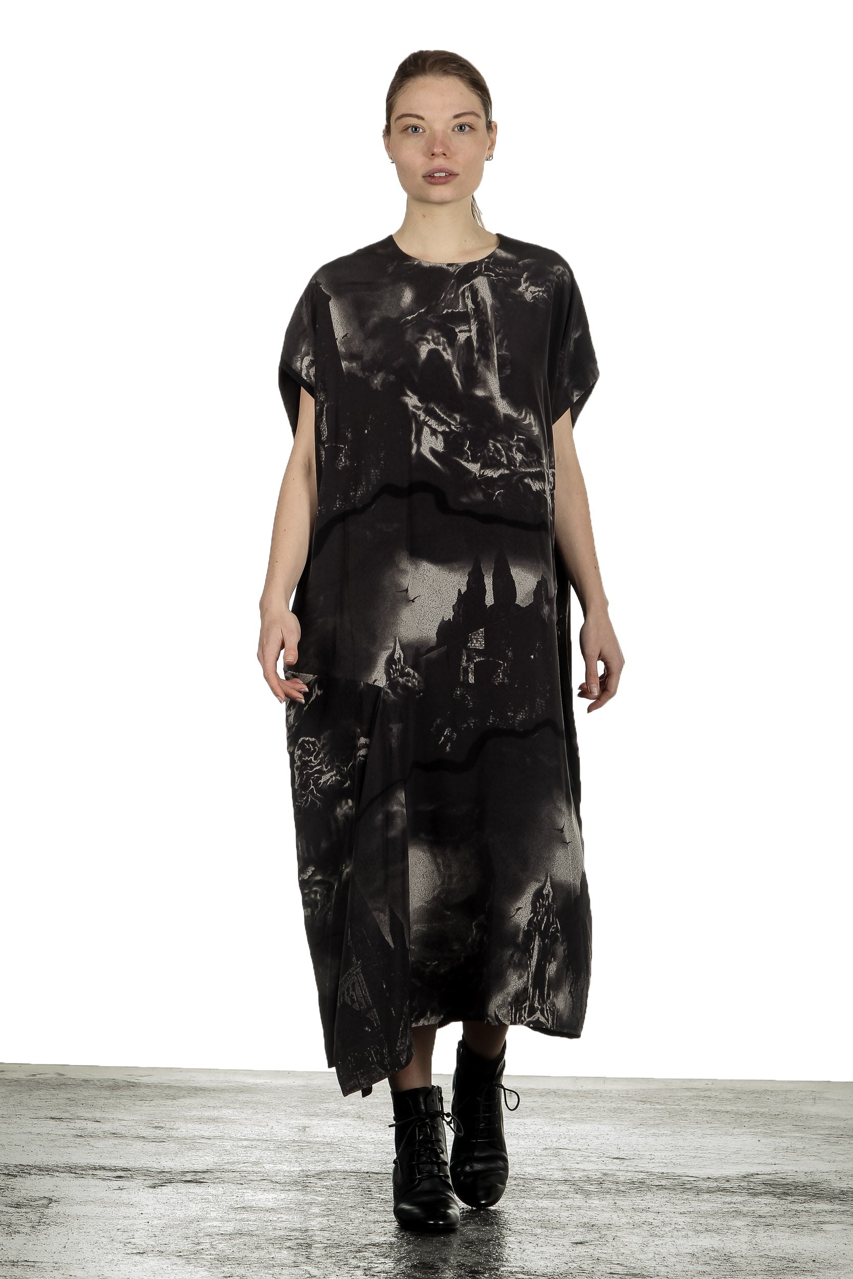 Y's Yohji Yamamoto Damen Avantgarde Midi-Kleid mit grafischem Print anthrazit