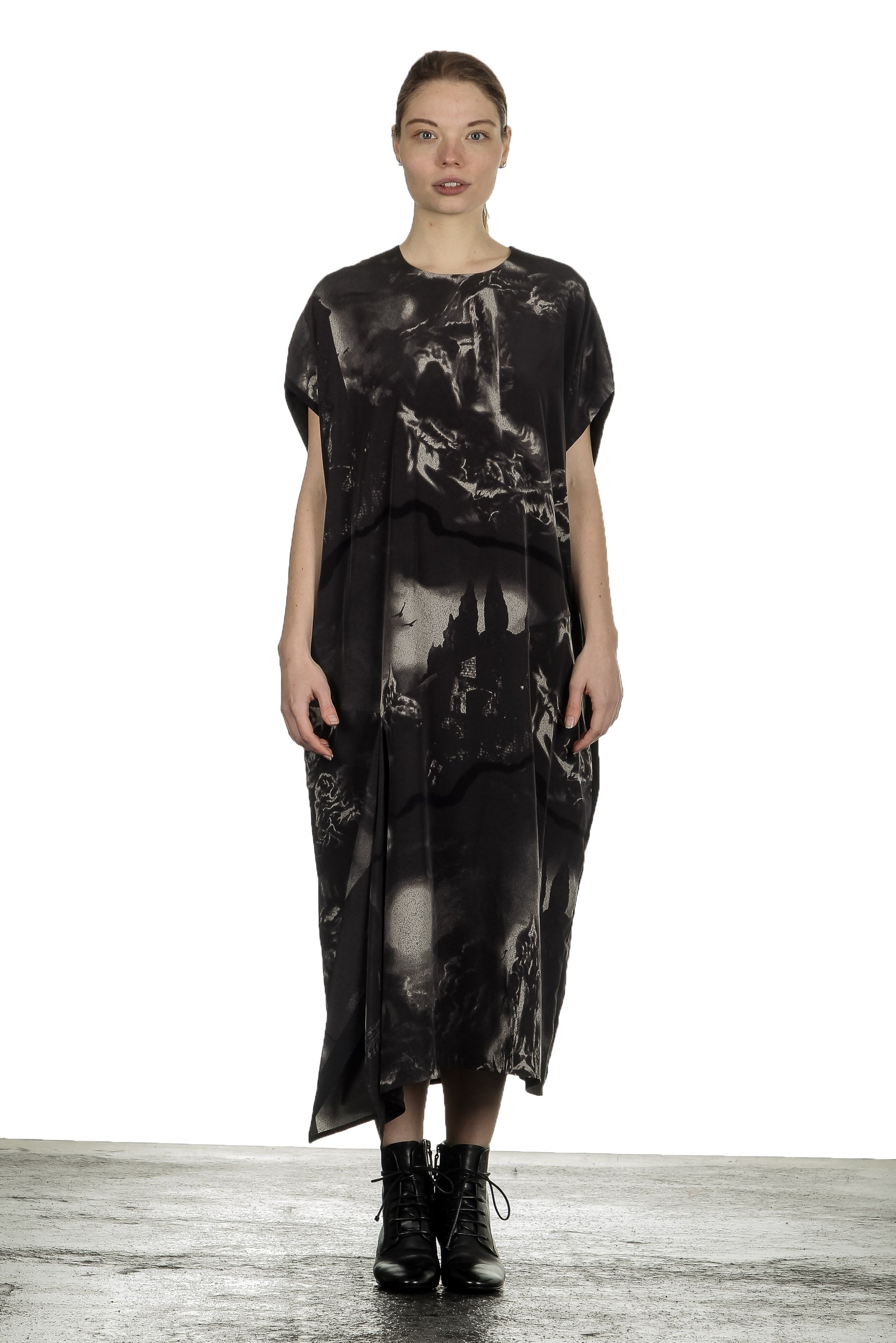 Y's Yohji Yamamoto Damen Avantgarde Midi-Kleid mit grafischem Print anthrazit