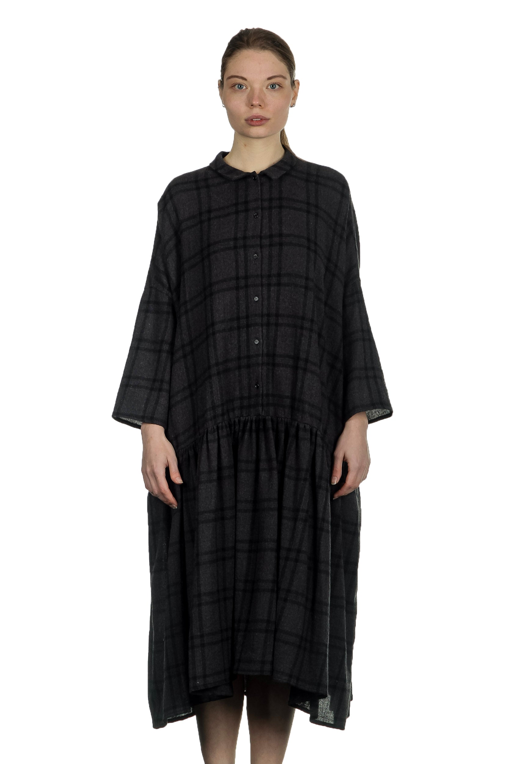 Apuntob Damen Avantgarde Hemdblusenkleid mit Karomuster anthrazit