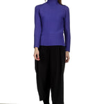 Issey Miyake Damen Avantgarde Plissé Langarm Shirt mit Stehkragen blau