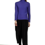 Issey Miyake Damen Avantgarde Plissé Langarm Shirt mit Stehkragen blau