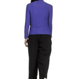 Issey Miyake Damen Avantgarde Plissé Langarm Shirt mit Stehkragen blau