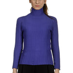 Issey Miyake Damen Avantgarde Plissé Langarm Shirt mit Stehkragen blau