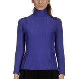 Issey Miyake Damen Avantgarde Plissé Langarm Shirt mit Stehkragen blau