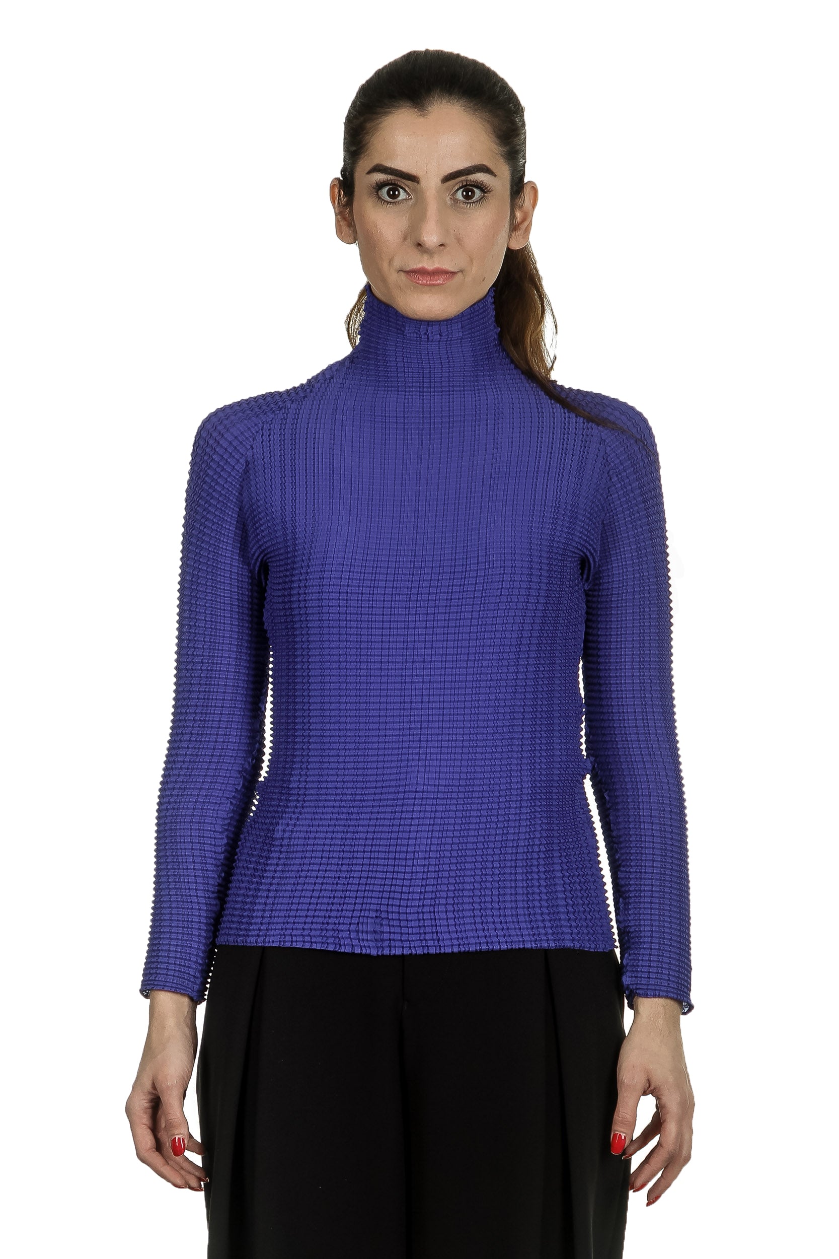 Issey Miyake Damen Avantgarde Plissé Langarm Shirt mit Stehkragen blau