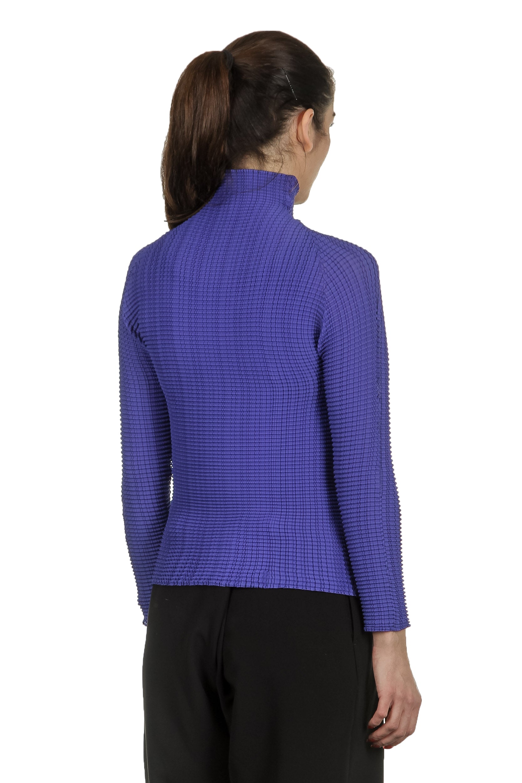 Issey Miyake Damen Avantgarde Plissé Langarm Shirt mit Stehkragen blau