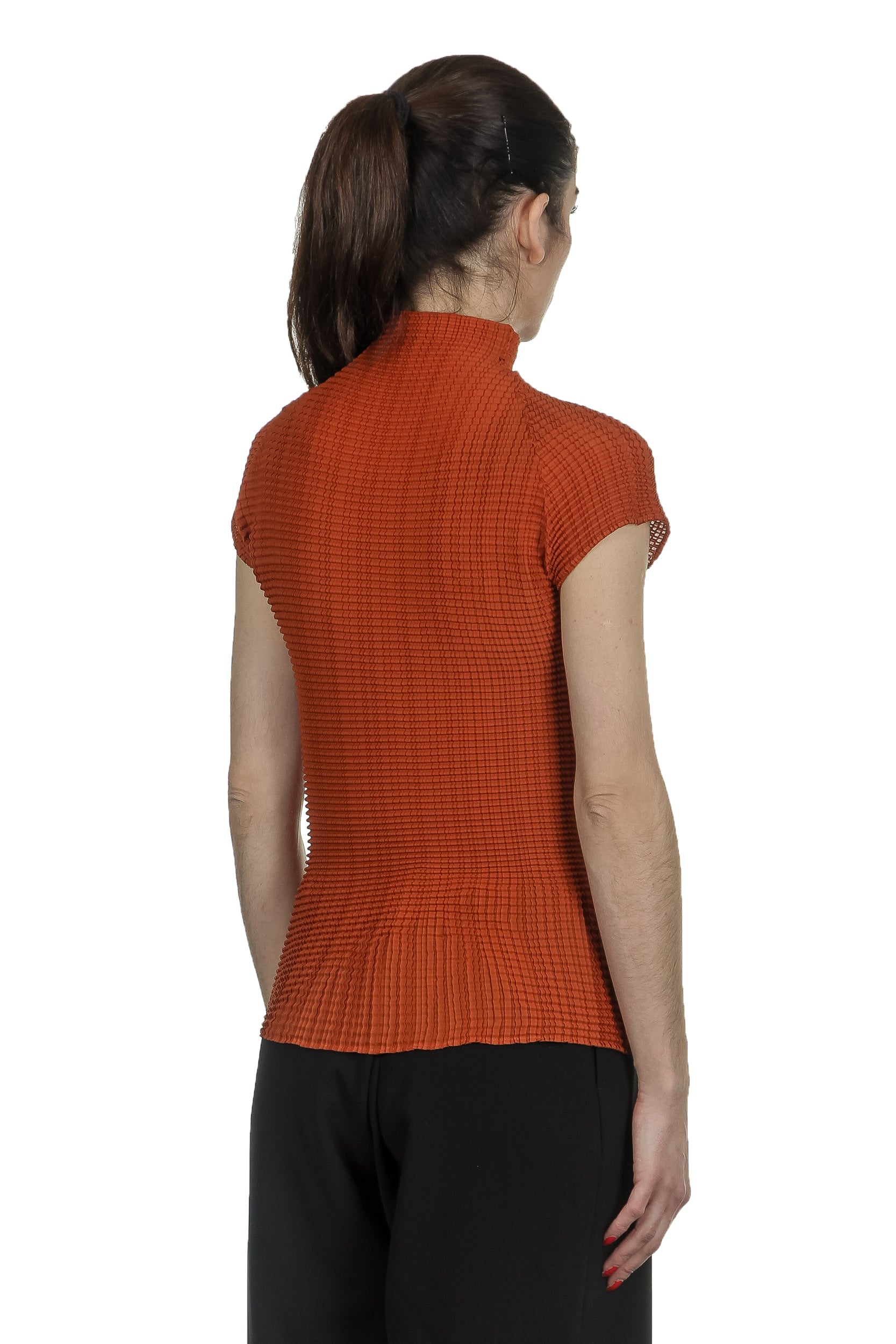 Issey Miyake Avantgarde Damen Plissé Top mit Stehkragen rost