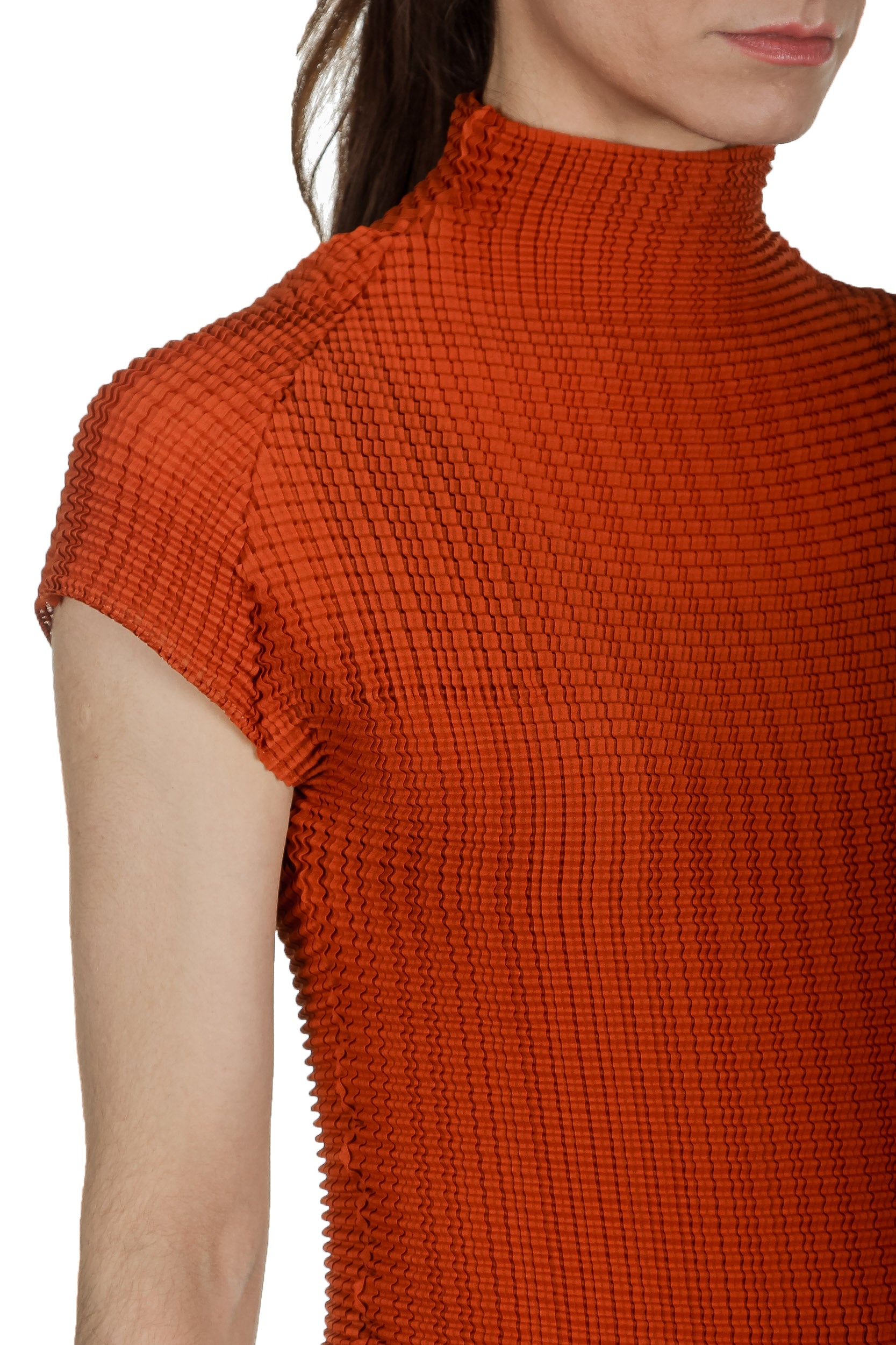 Issey Miyake Avantgarde Damen Plissé Top mit Stehkragen rost