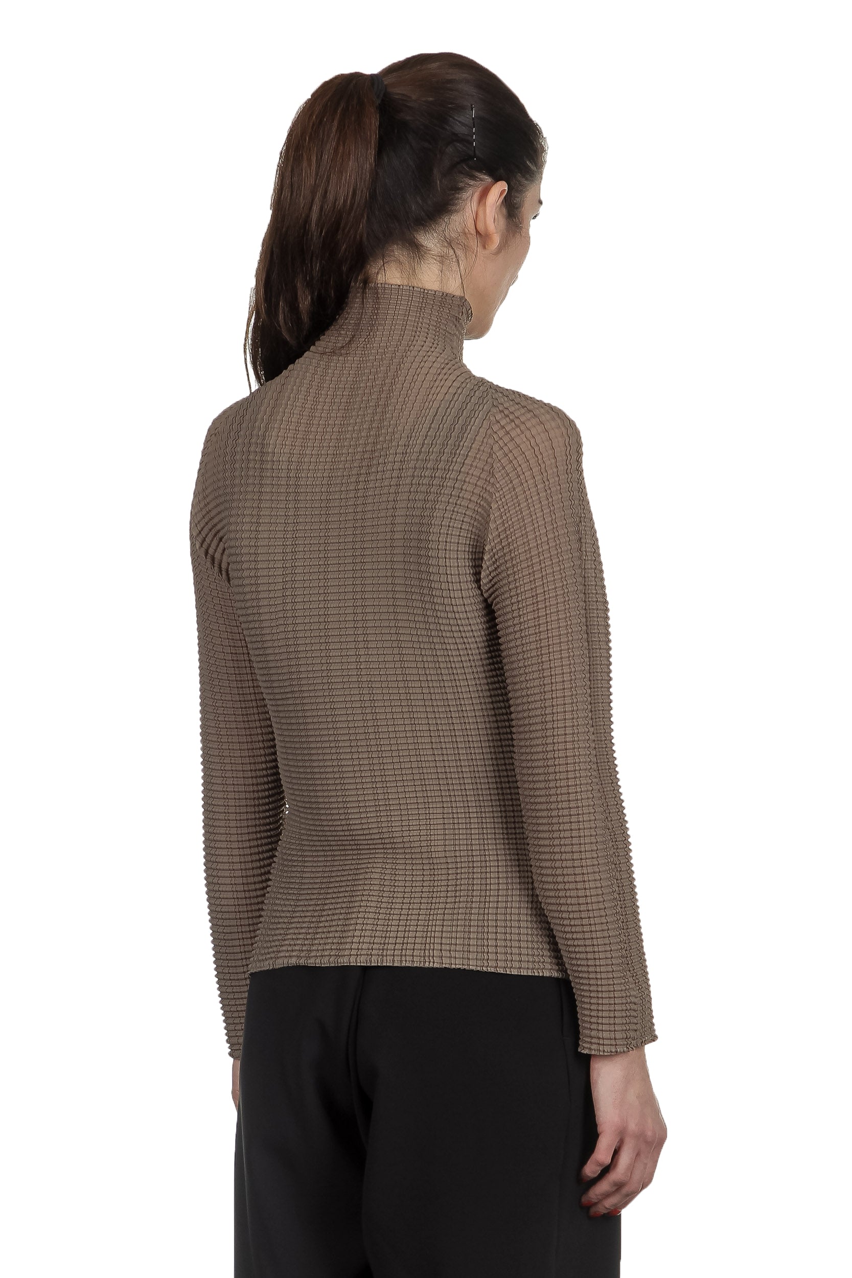 Issey Miyake Plissé Longsleeve Top Stehkragen beige