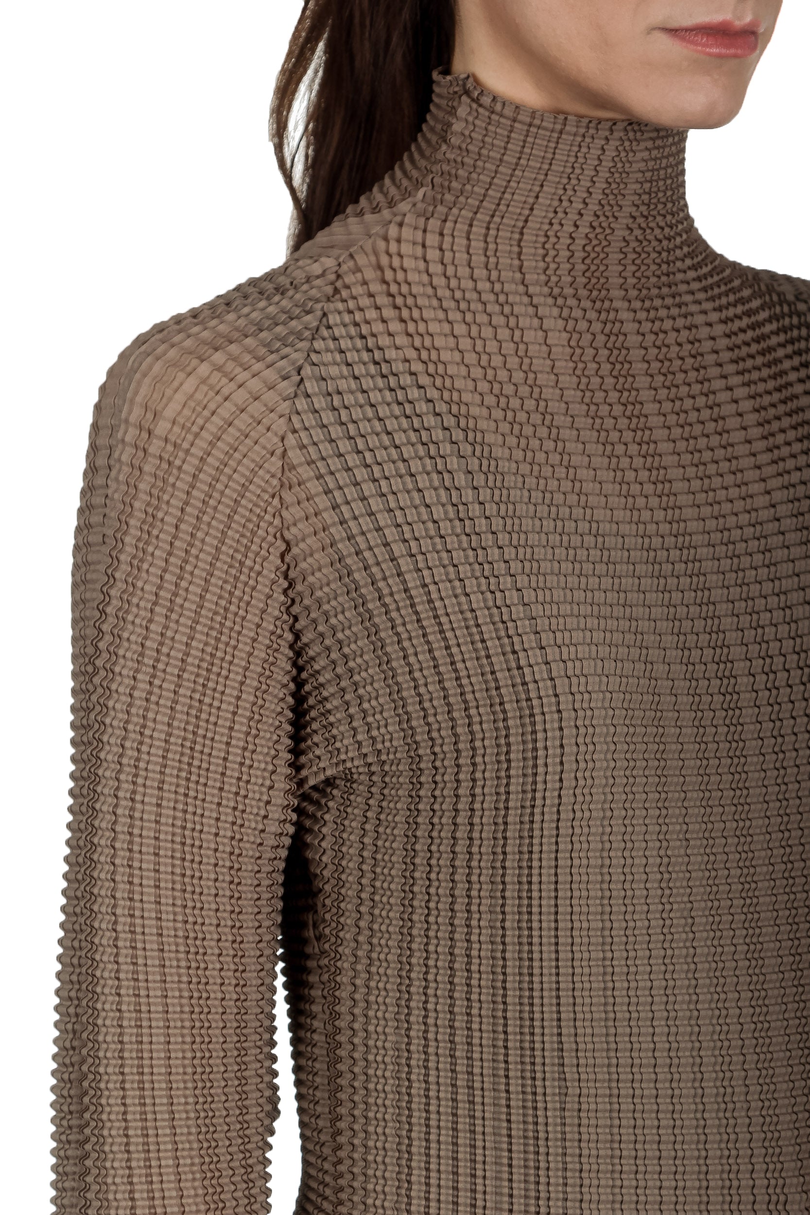 Issey Miyake Plissé Longsleeve Top Stehkragen beige