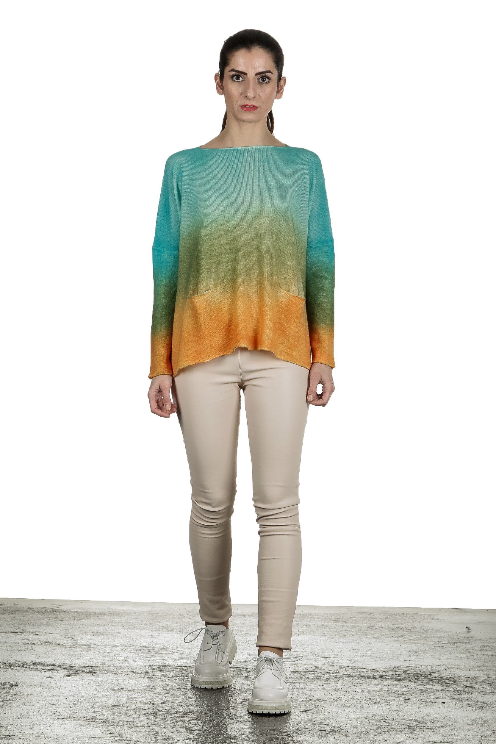 F Cashmere Damen Oversized Pullover mit Farbverlauf türkis orange