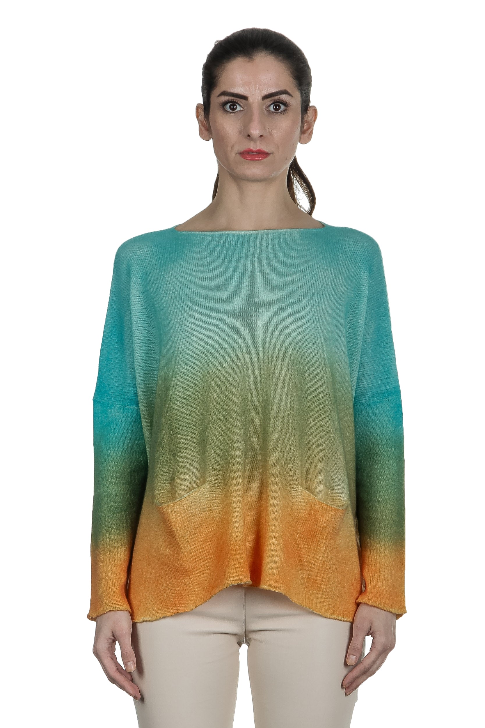 F Cashmere Damen Oversized Pullover mit Farbverlauf türkis orange