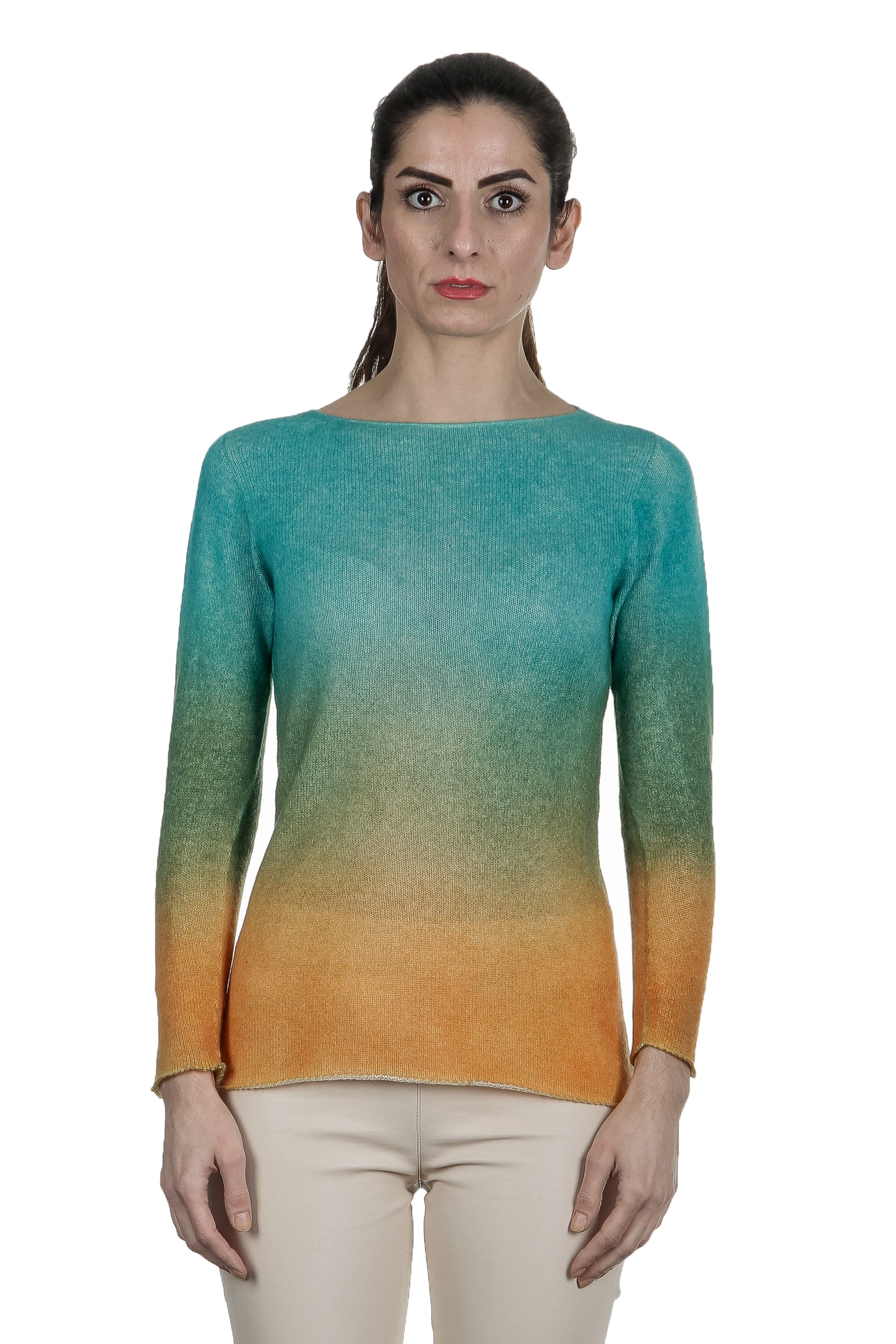 F Cashmere Damen Pullover mit Farbverlauf türkis orange 