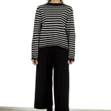 Yukai Damen Pullover mit Stehkragen gestreift schwarz weiß