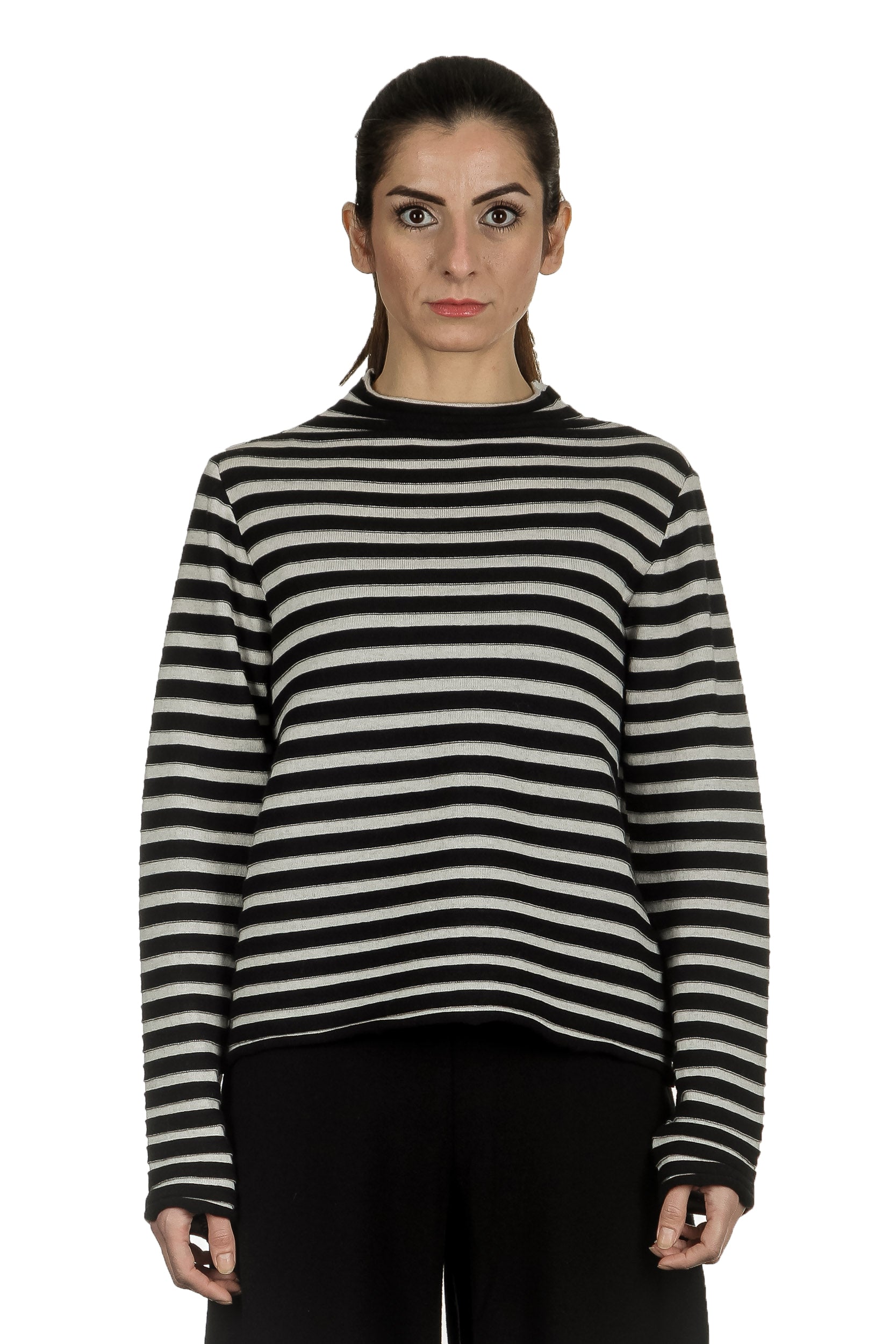 Yukai Damen Pullover mit Stehkragen gestreift schwarz weiß