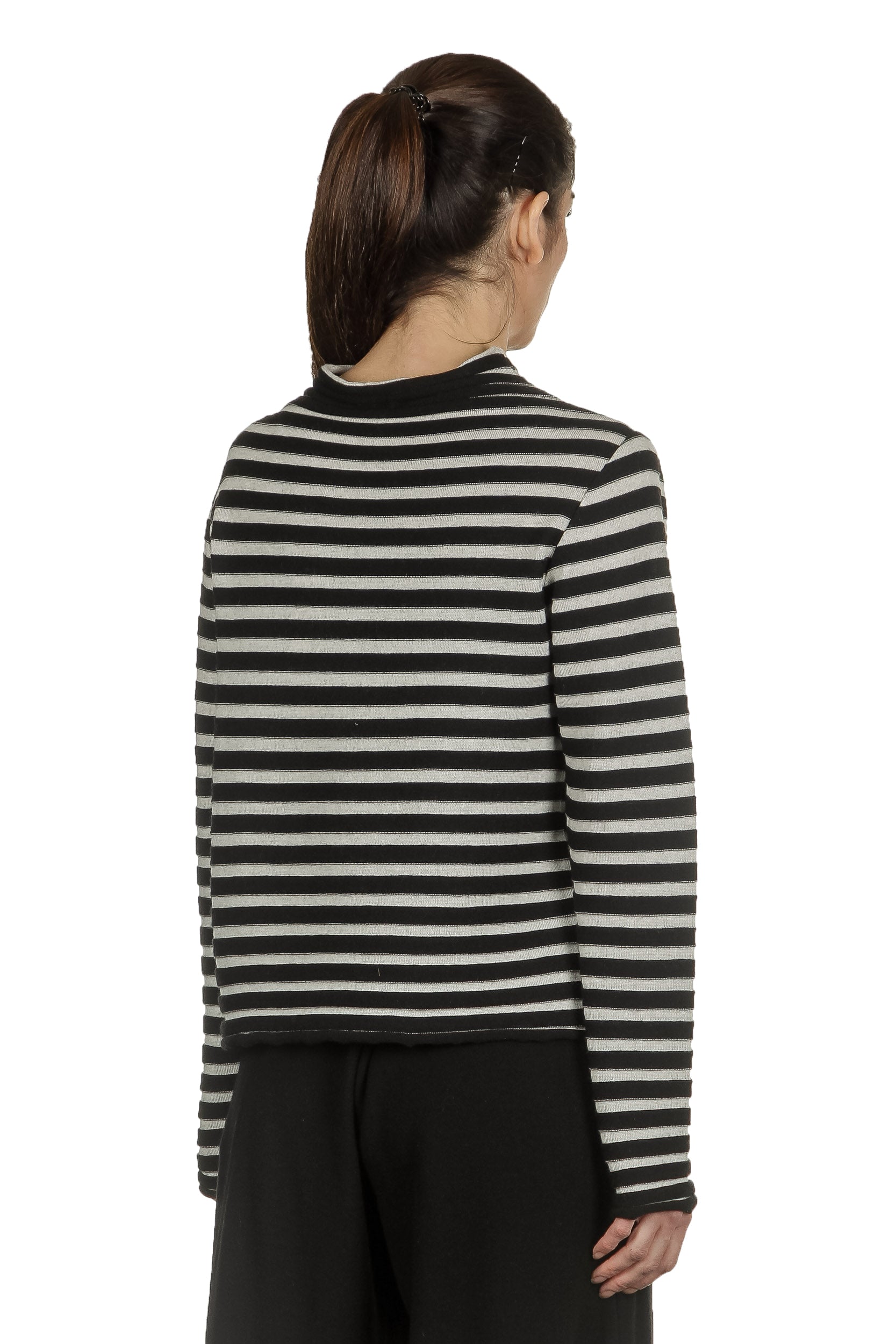 Yukai Damen Pullover mit Stehkragen gestreift schwarz weiß